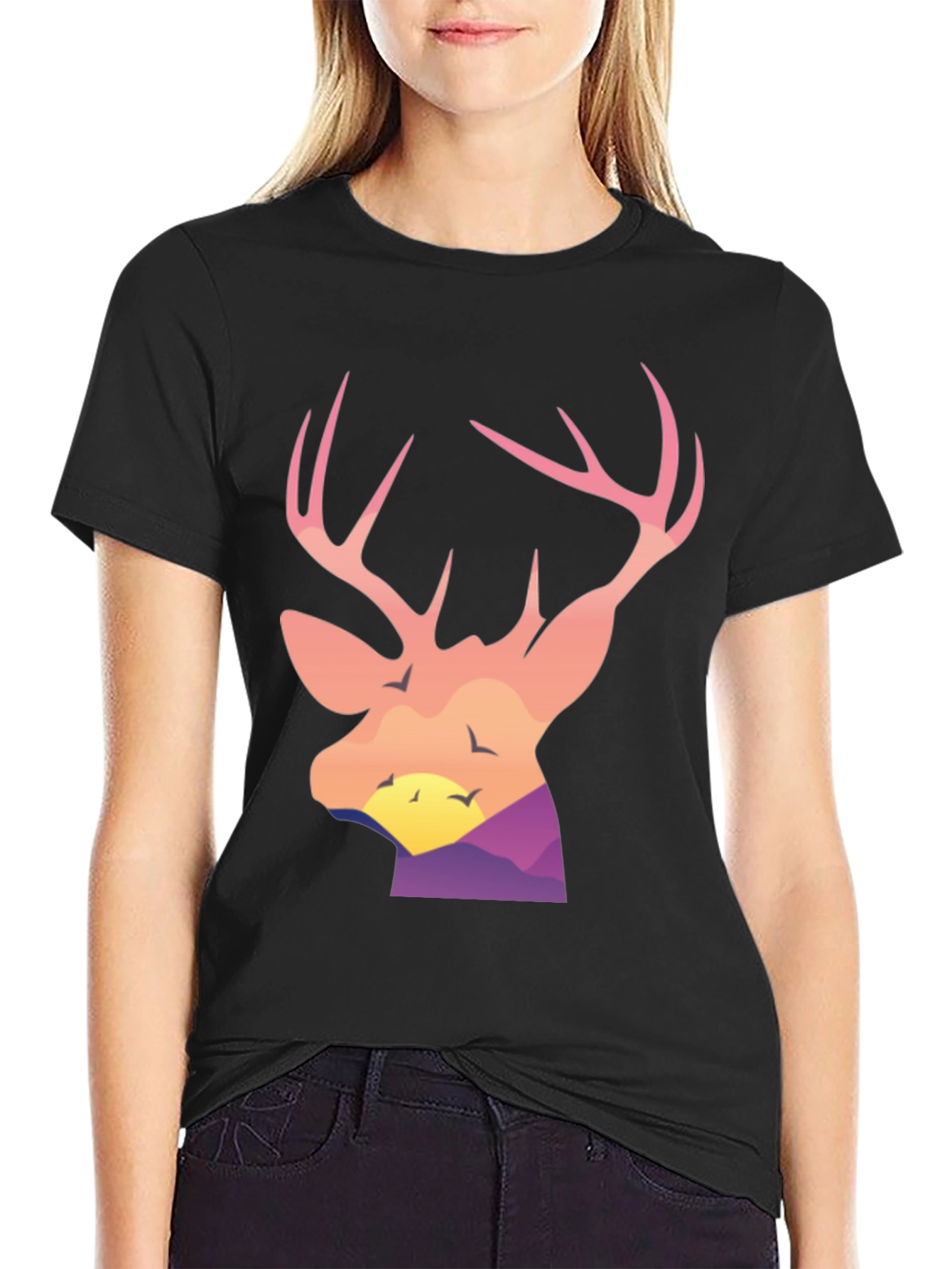 Black Deer Head Sunset Graphic Tee - Black Cotton Blend Shirt view 2