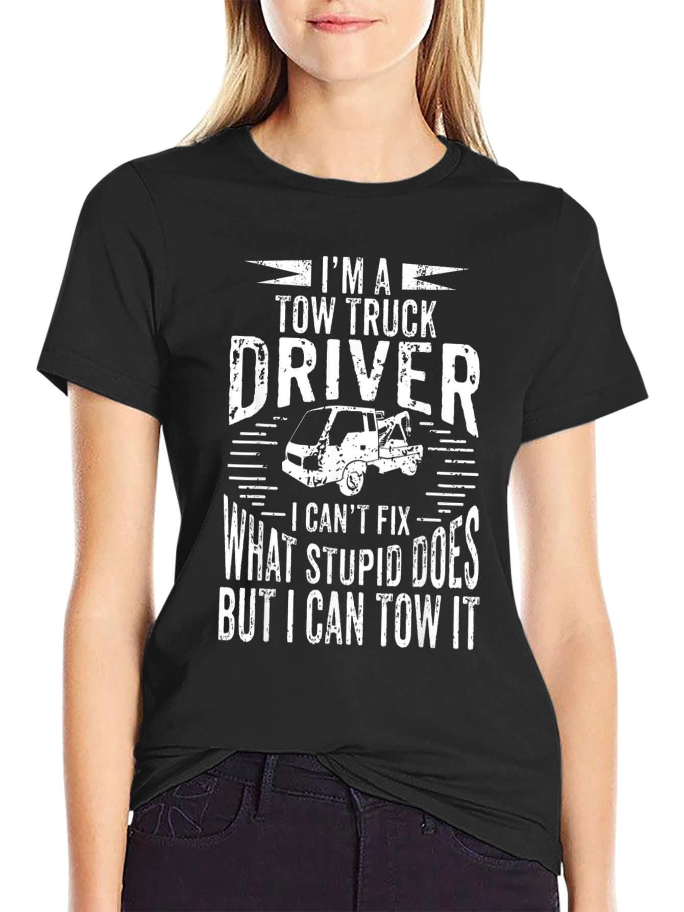 Black Tow Truck Driver Graphic Tee - I Can Tow It view 2