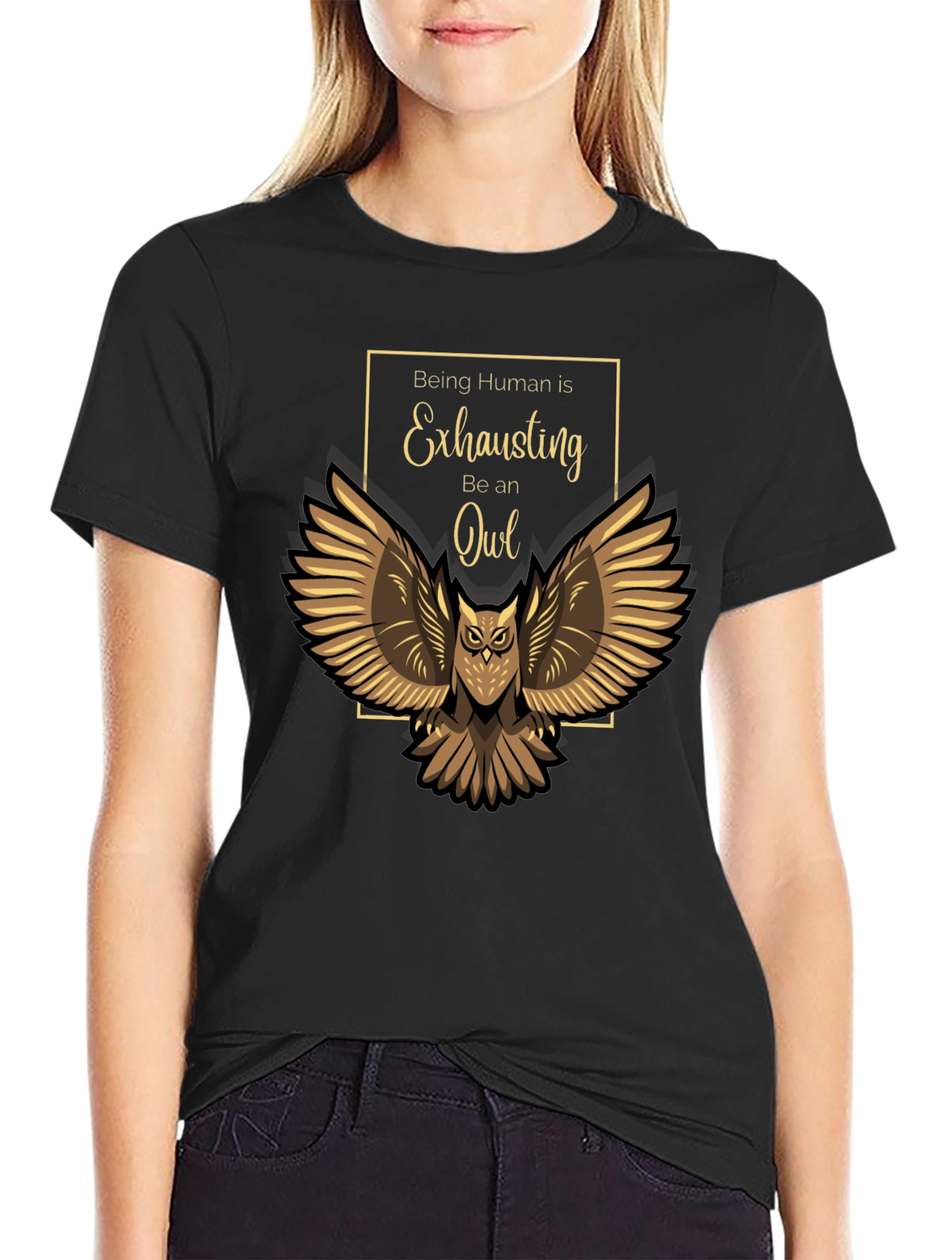 Black Being Human Exhausting Owl T-Shirt view 2