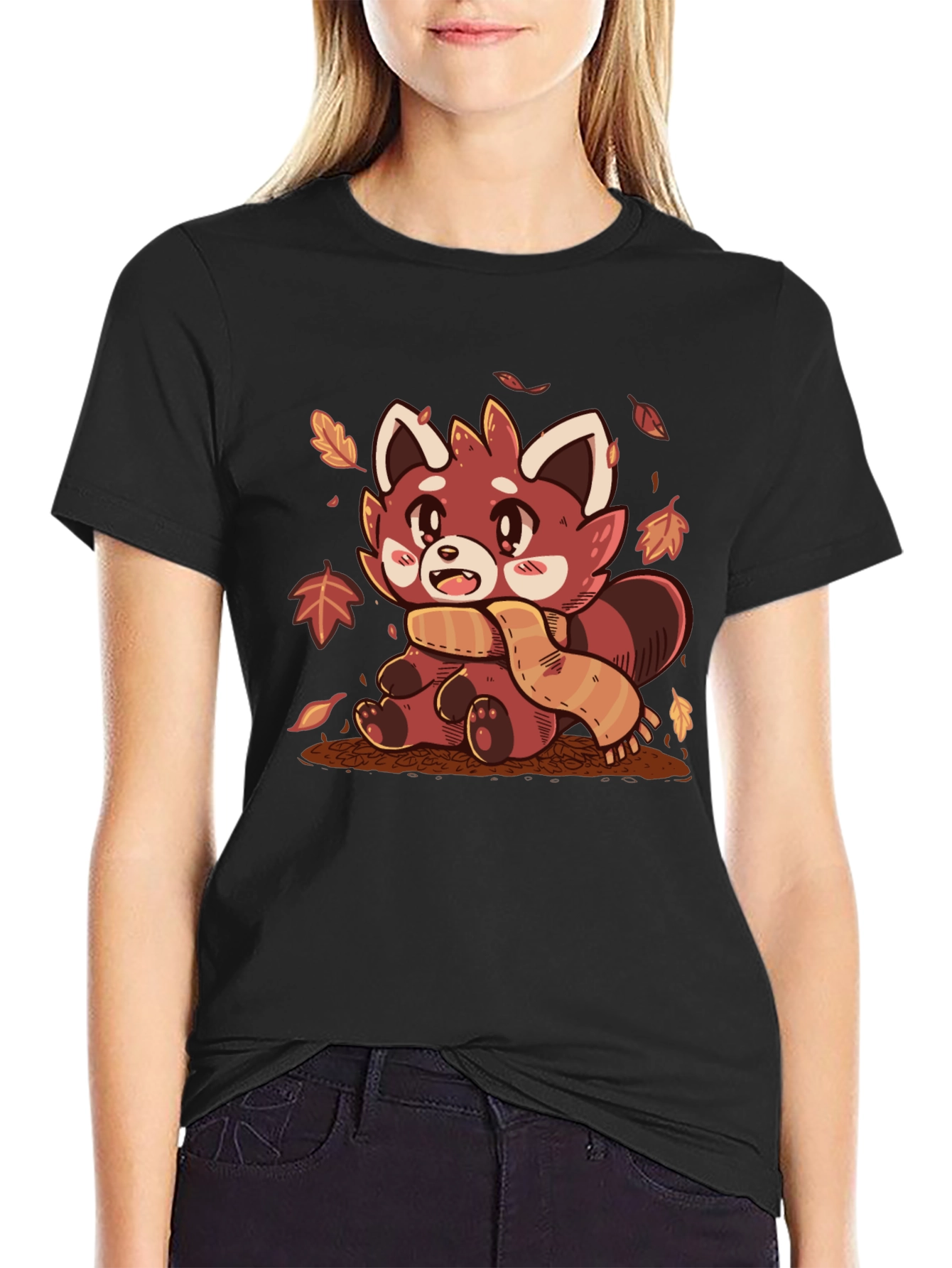 Black Red Panda Scarf Fall Leaves Graphic T-Shirt view 2