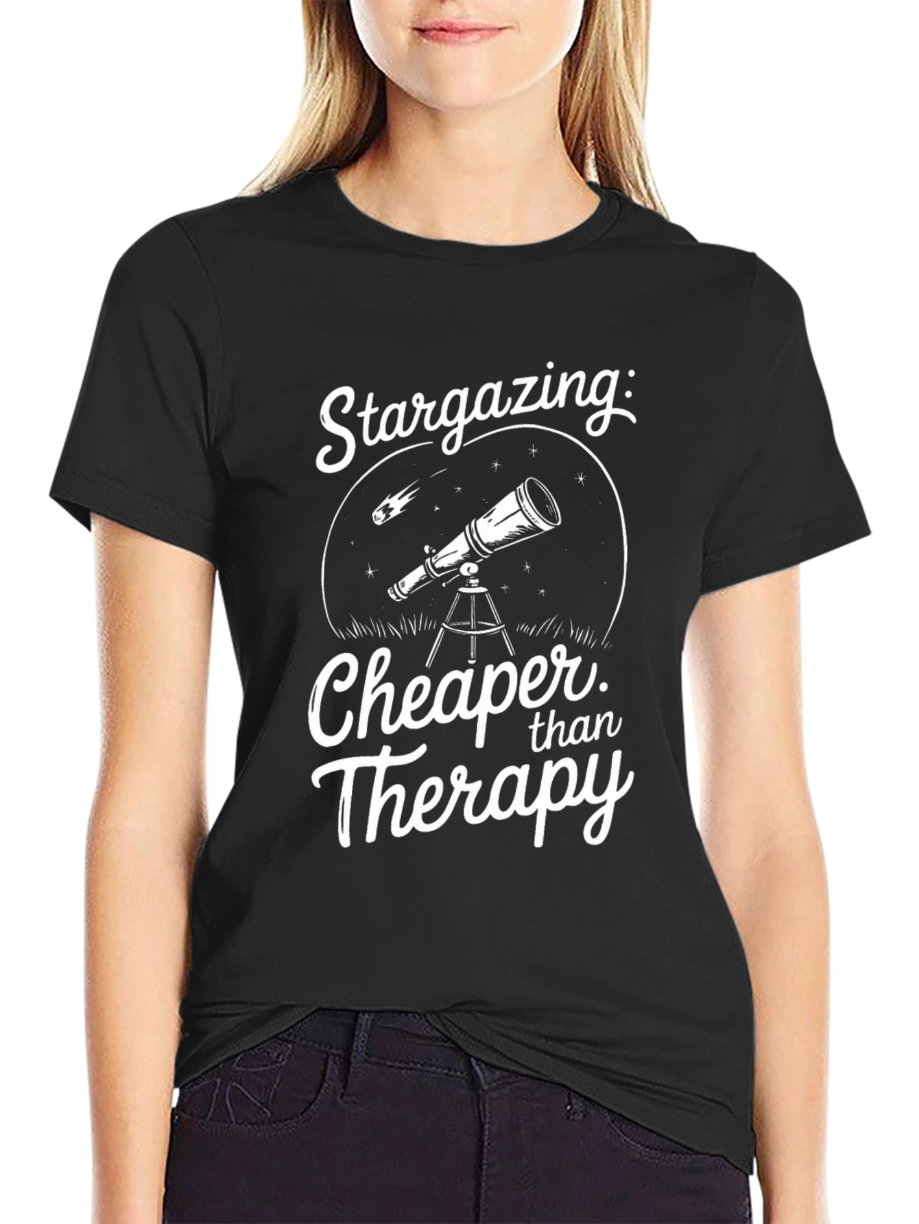 Black Stargazing Cheaper Than Therapy Black T-Shirt view 2
