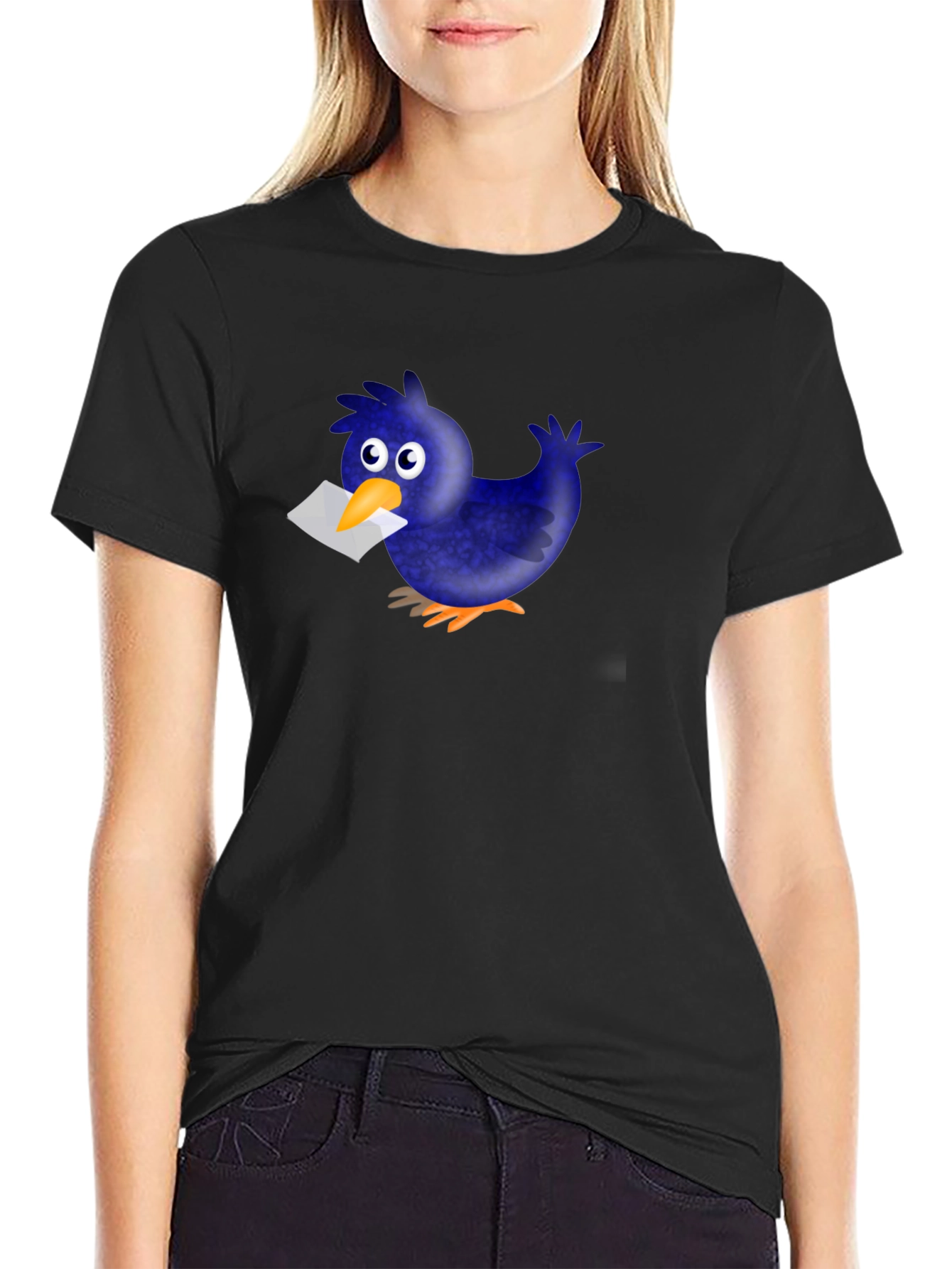 Black Novelty Cartoon Blue Bird T-Shirt view 2