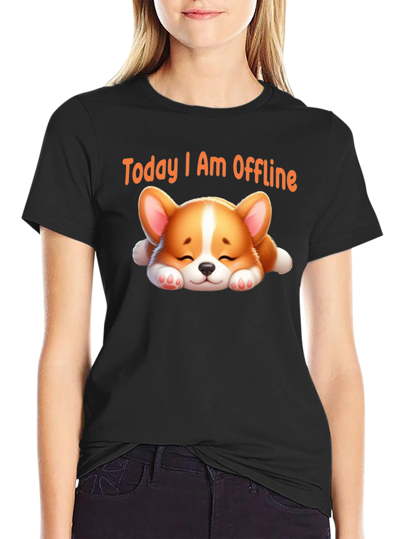 Black Today I Am Offline T-Shirt - Cute Sleeping Corgi view 2