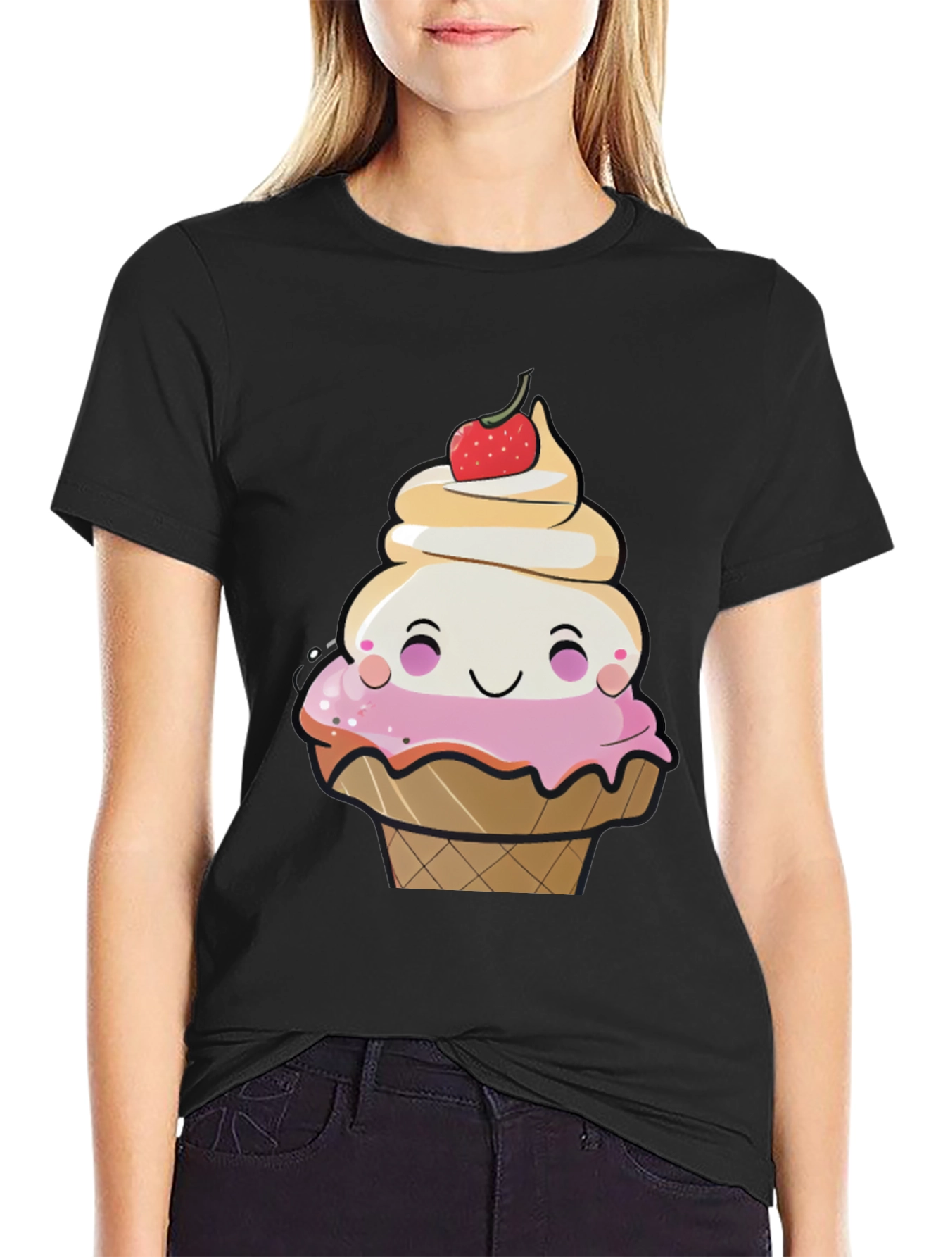 Black Cute Ice Cream Cone Graphic T-Shirt view 2