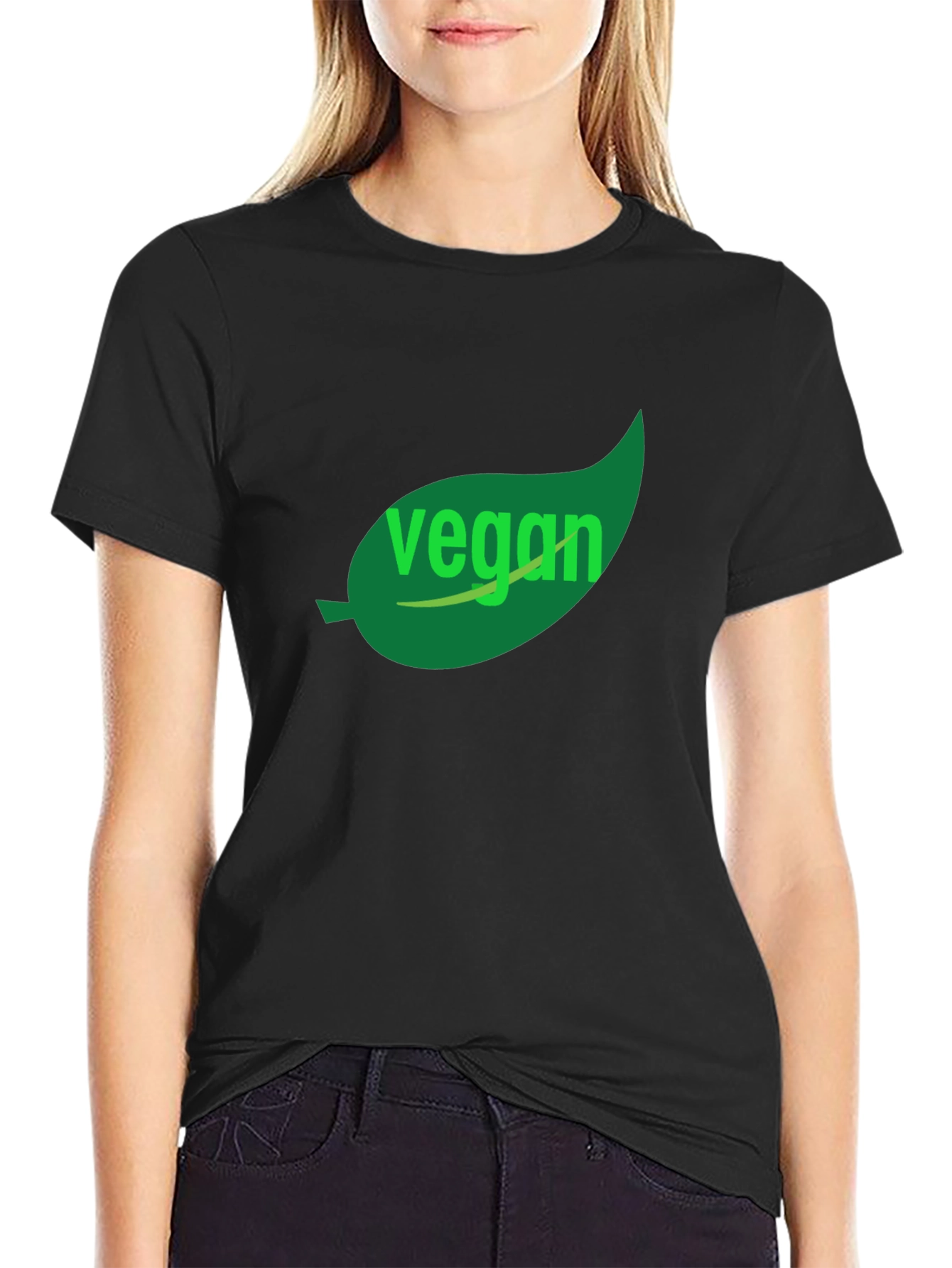 Black Vegan T-Shirt - Green Leaf Design, Black Cotton view 2