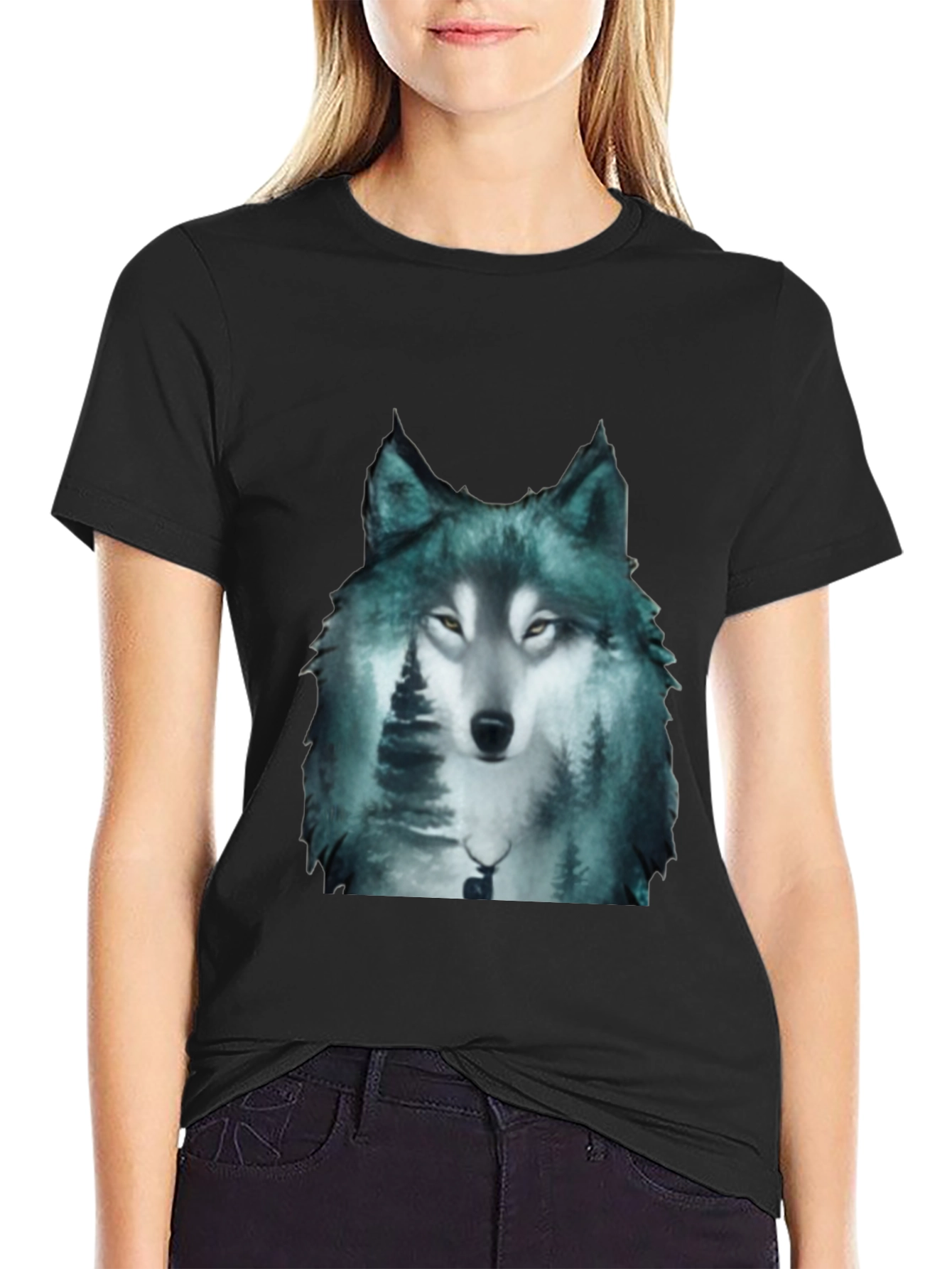 Black Wolf Forest Print Black T-Shirt view 2