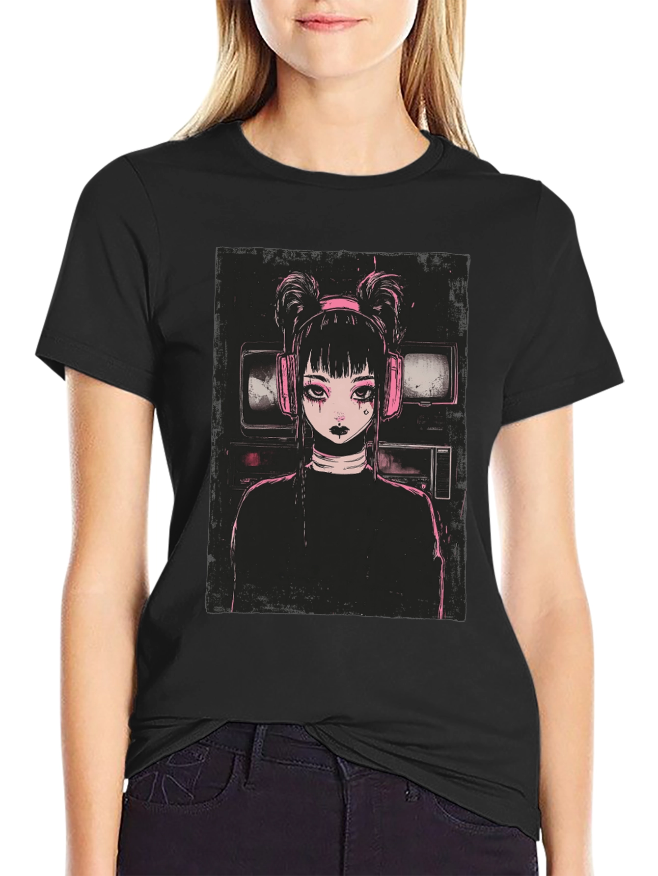 Black Anime Girl Graphic Tee - Black Cotton Blend view 2