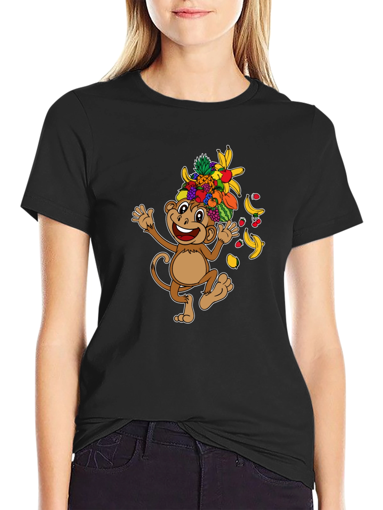 Black Fun Monkey Fruit Head T-Shirt - Black Cotton Tee view 2