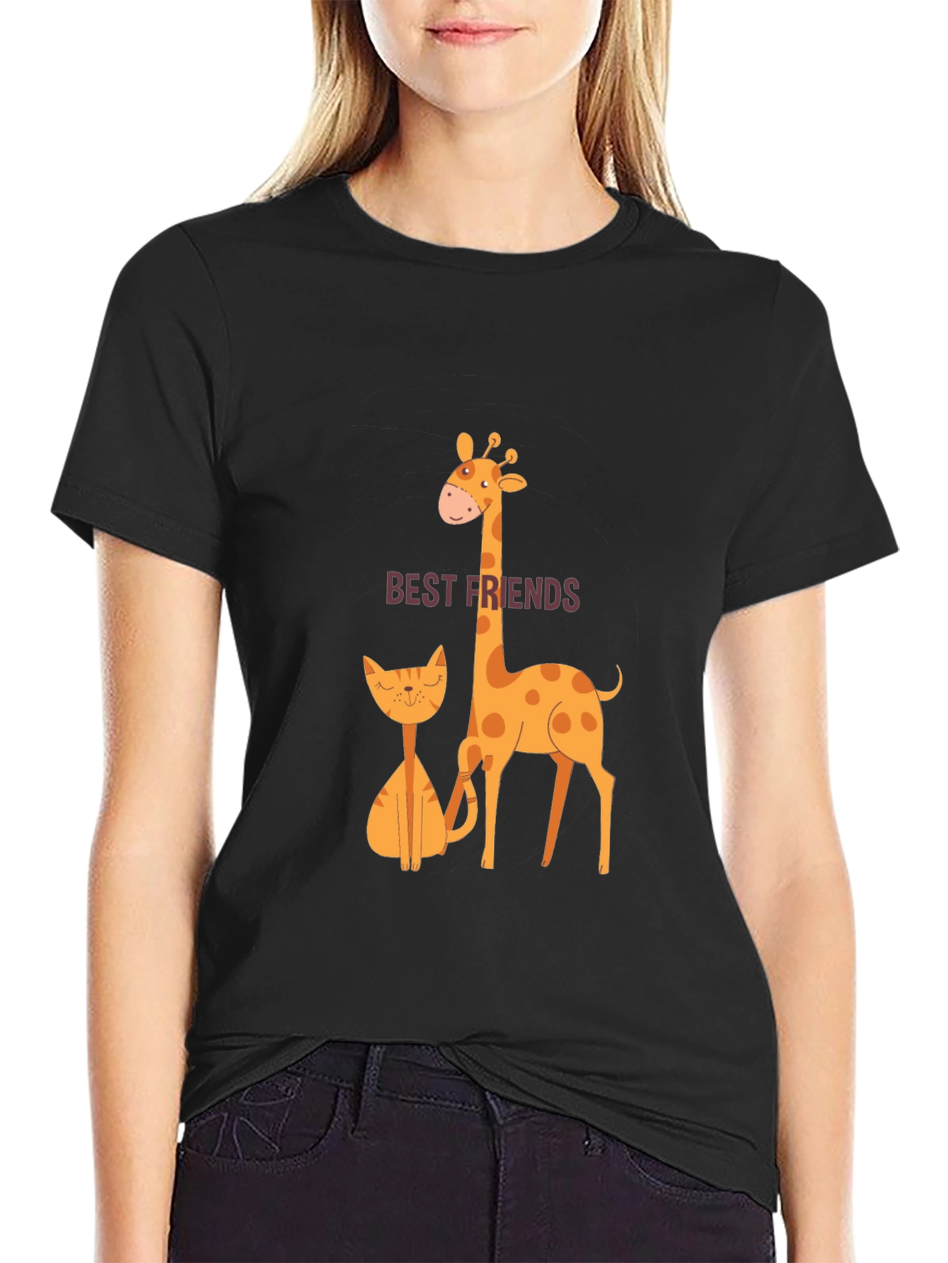 Black Best Friends Giraffe and Cat T-Shirt view 2