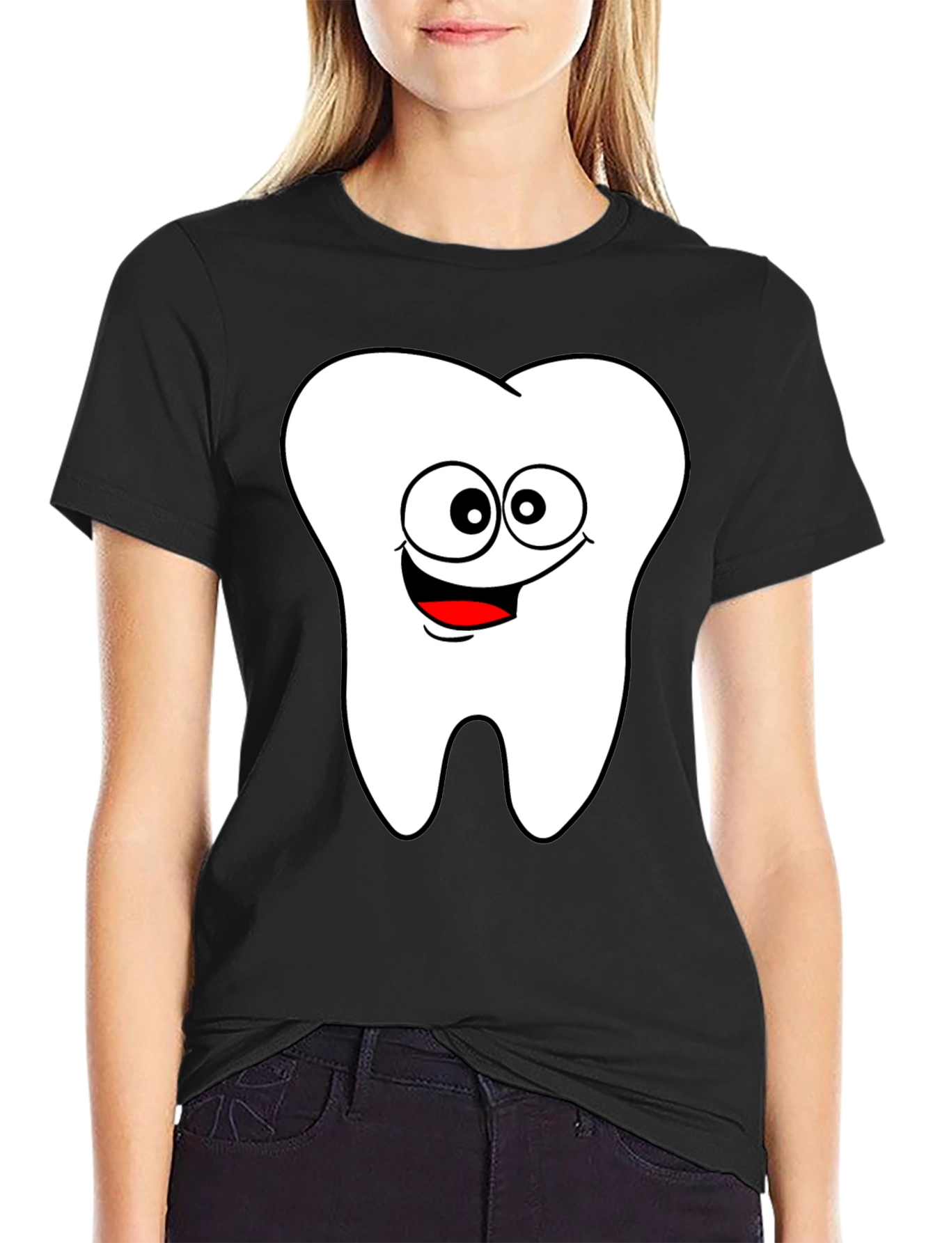 Black Cartoon Tooth Graphic Black T-Shirt view 2