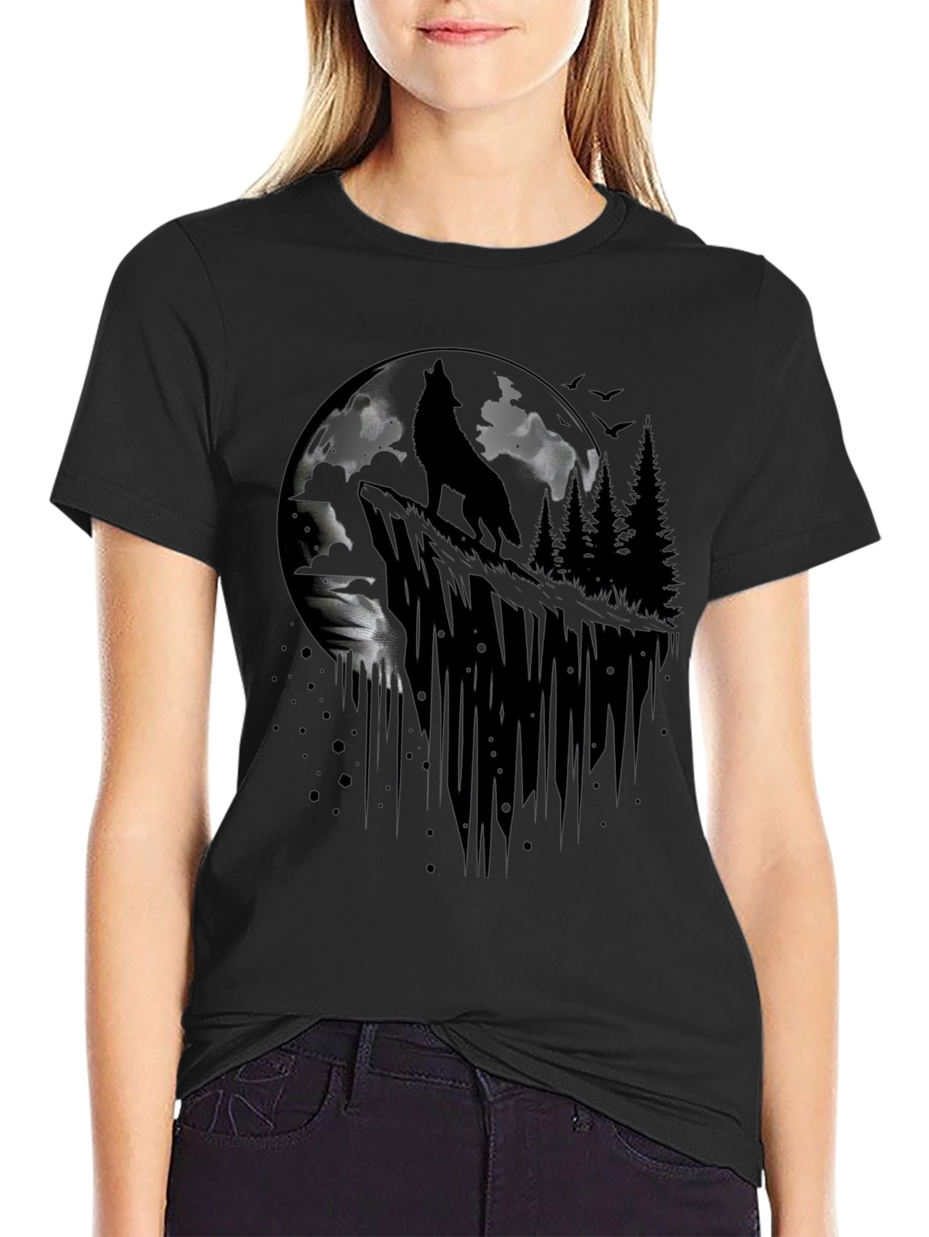 Black Wolf Moon Graphic Tee - Black Cotton T-Shirt view 2