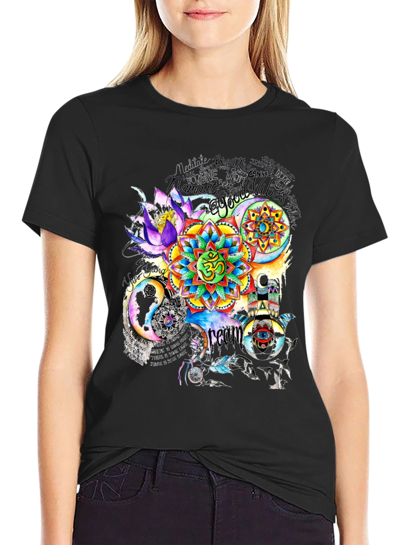 Black Om Mandala Print T-Shirt view 2