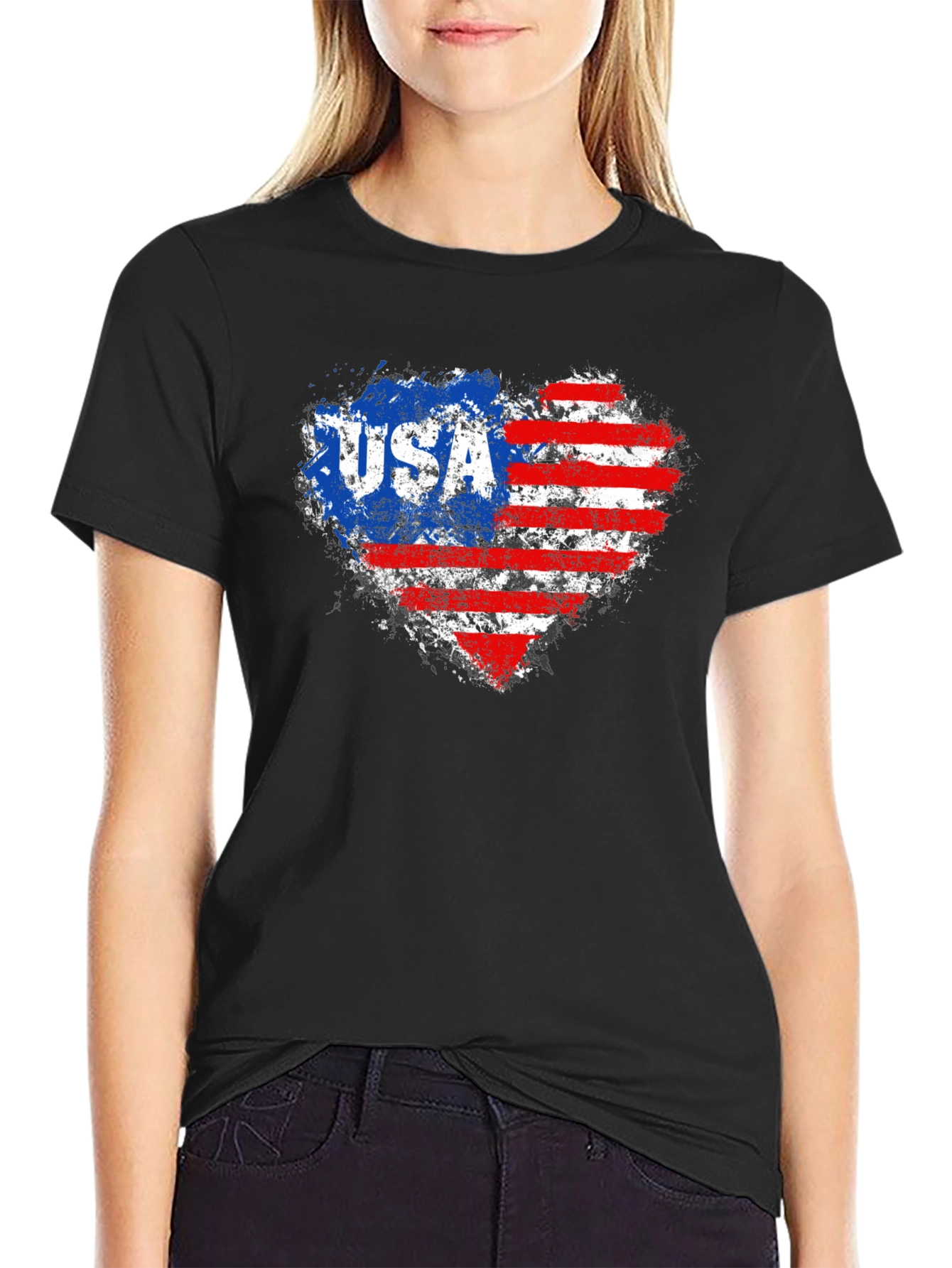 Black USA Flag Heart Graphic Tee - Patriotic American Pride T-Shirt view 2