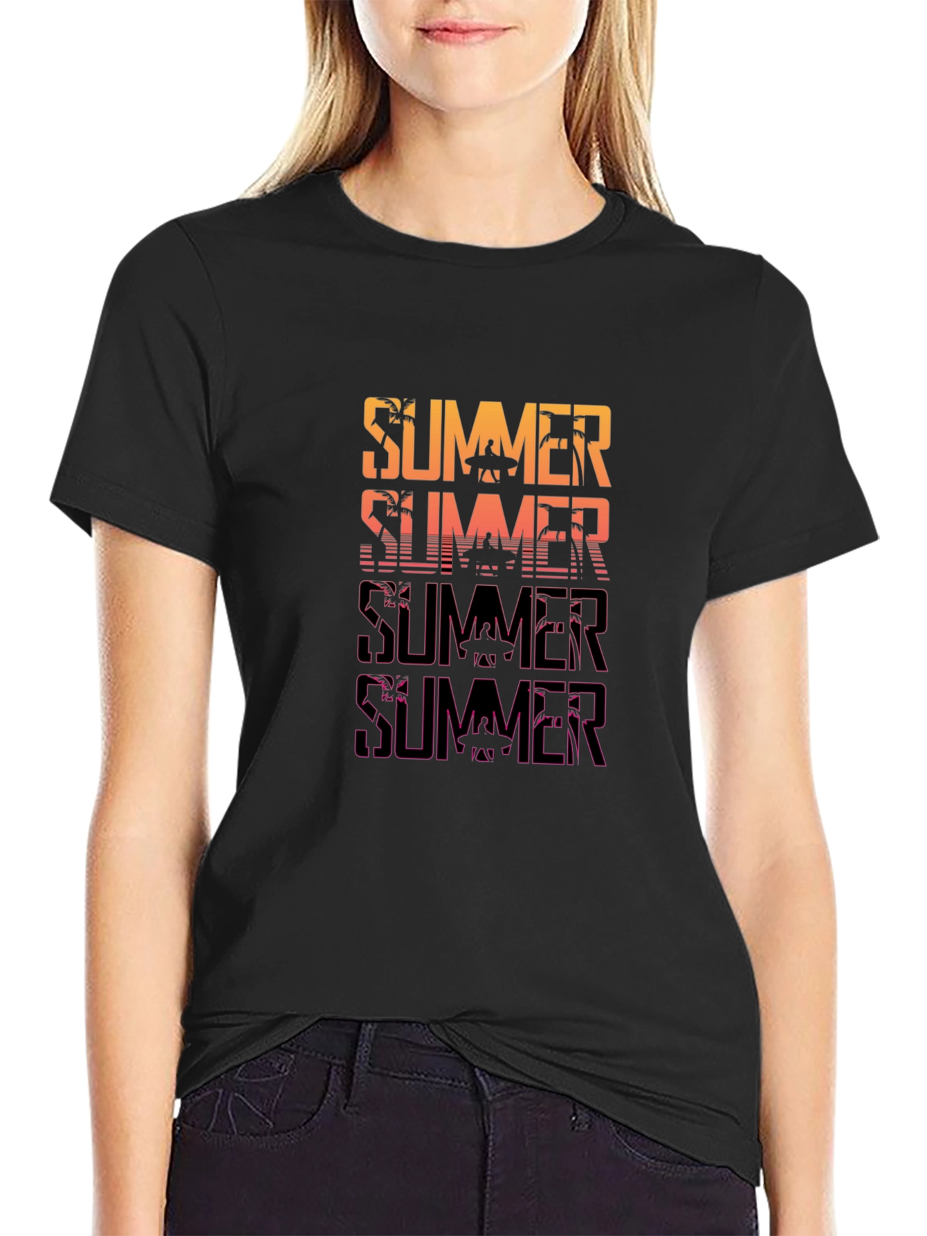 Black Summer Graphic Print Crew Neck T-Shirt view 2