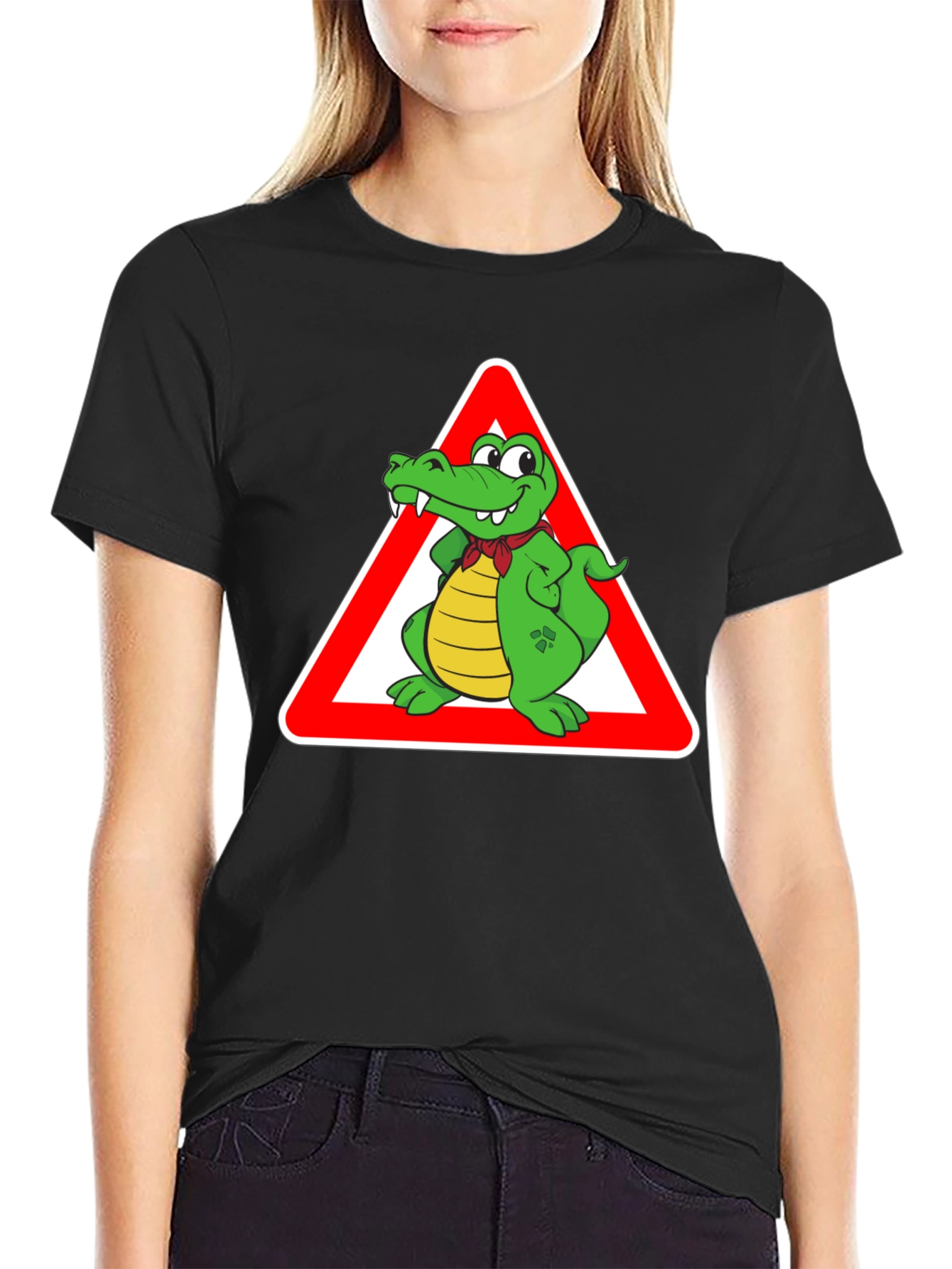 Black Cartoon Alligator Warning T-Shirt view 2