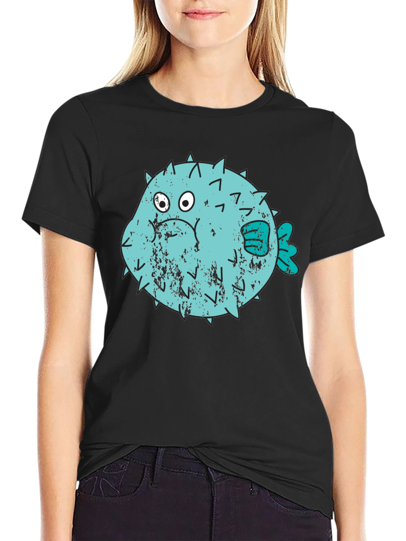 Black Puffer Fish Graphic T-Shirt - Black Crew Neck view 2