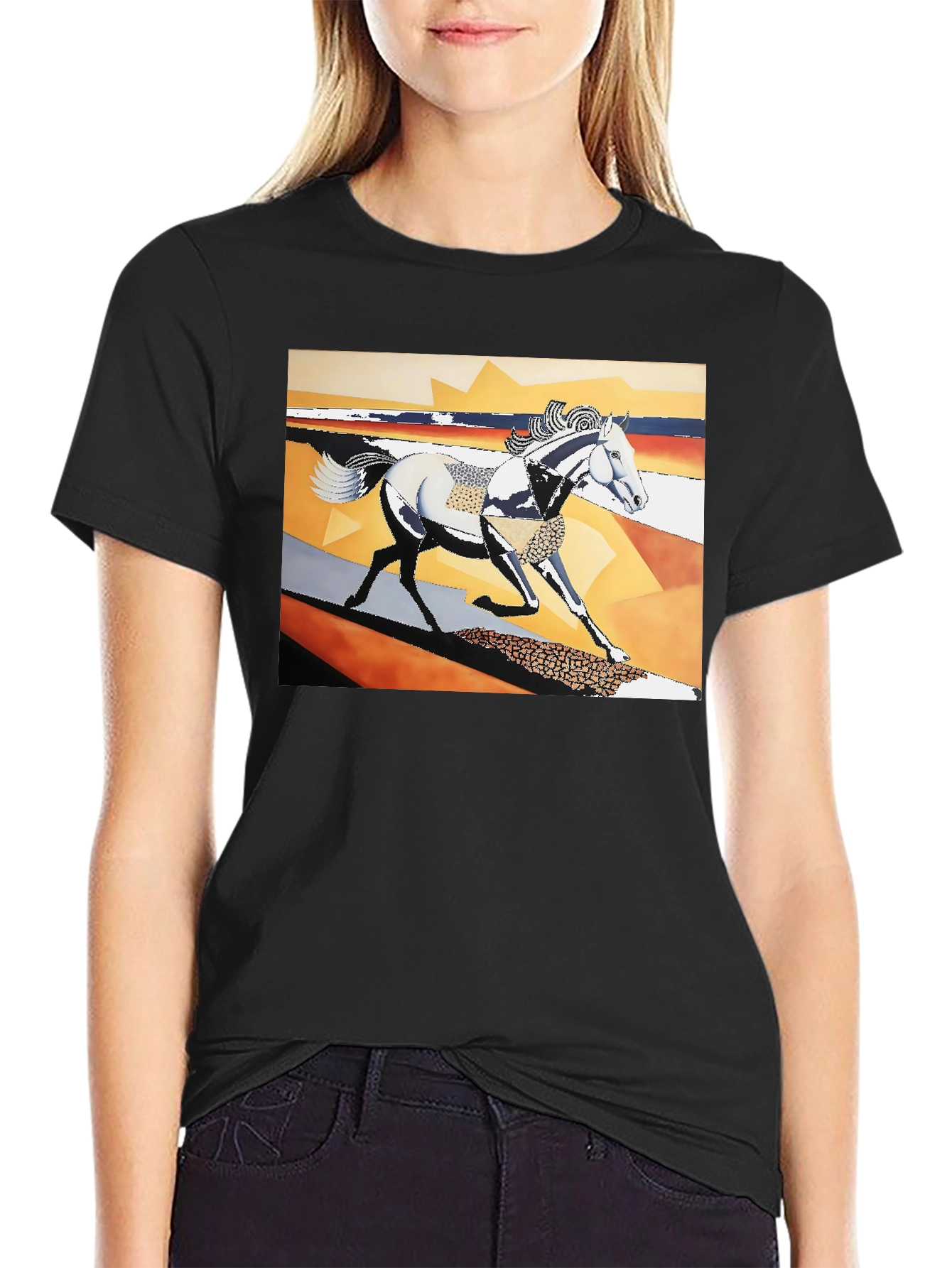 Black Abstract Horse Graphic Black T-Shirt view 2
