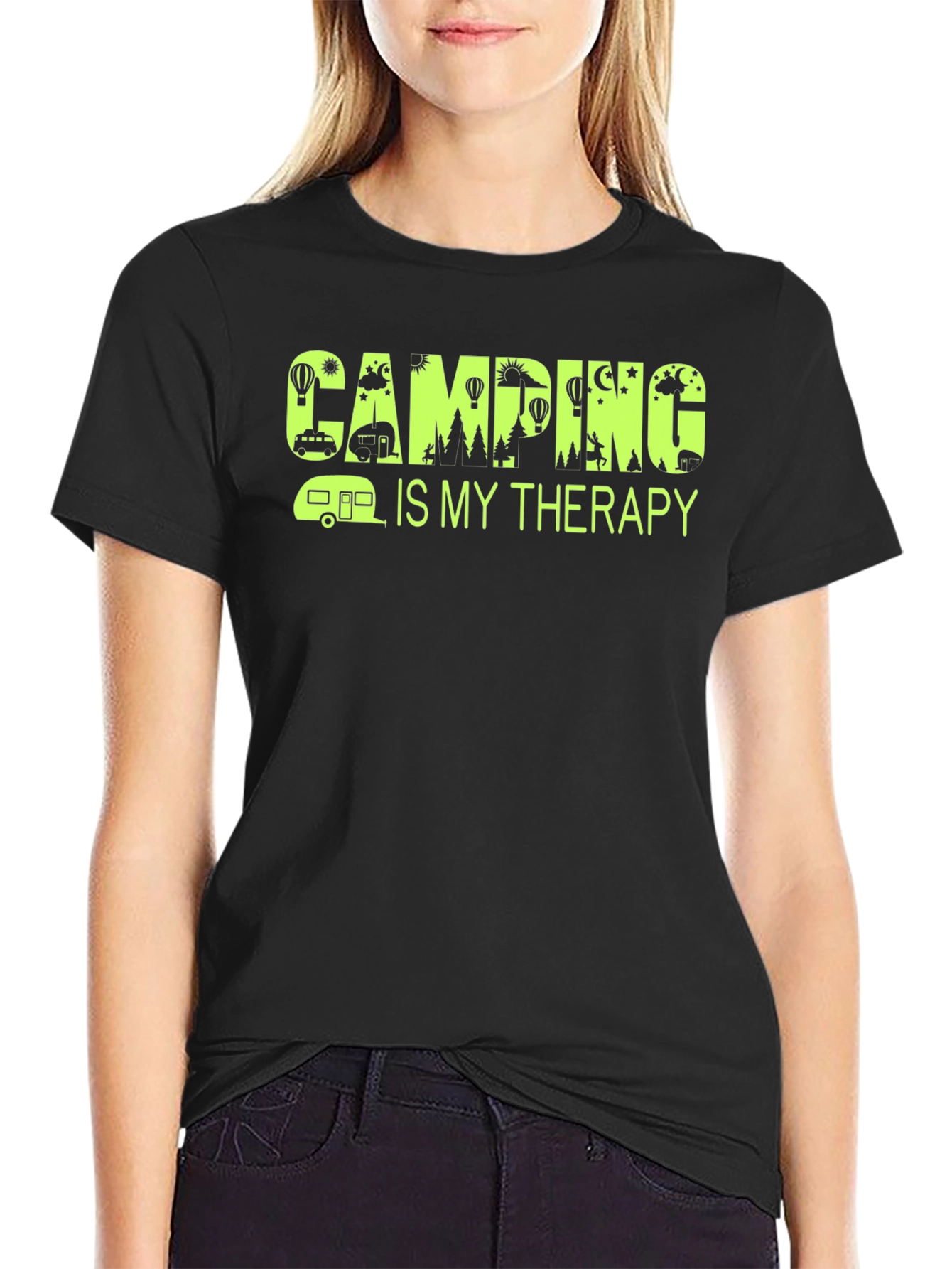 Black Camping Is My Therapy T-Shirt - Black view 2