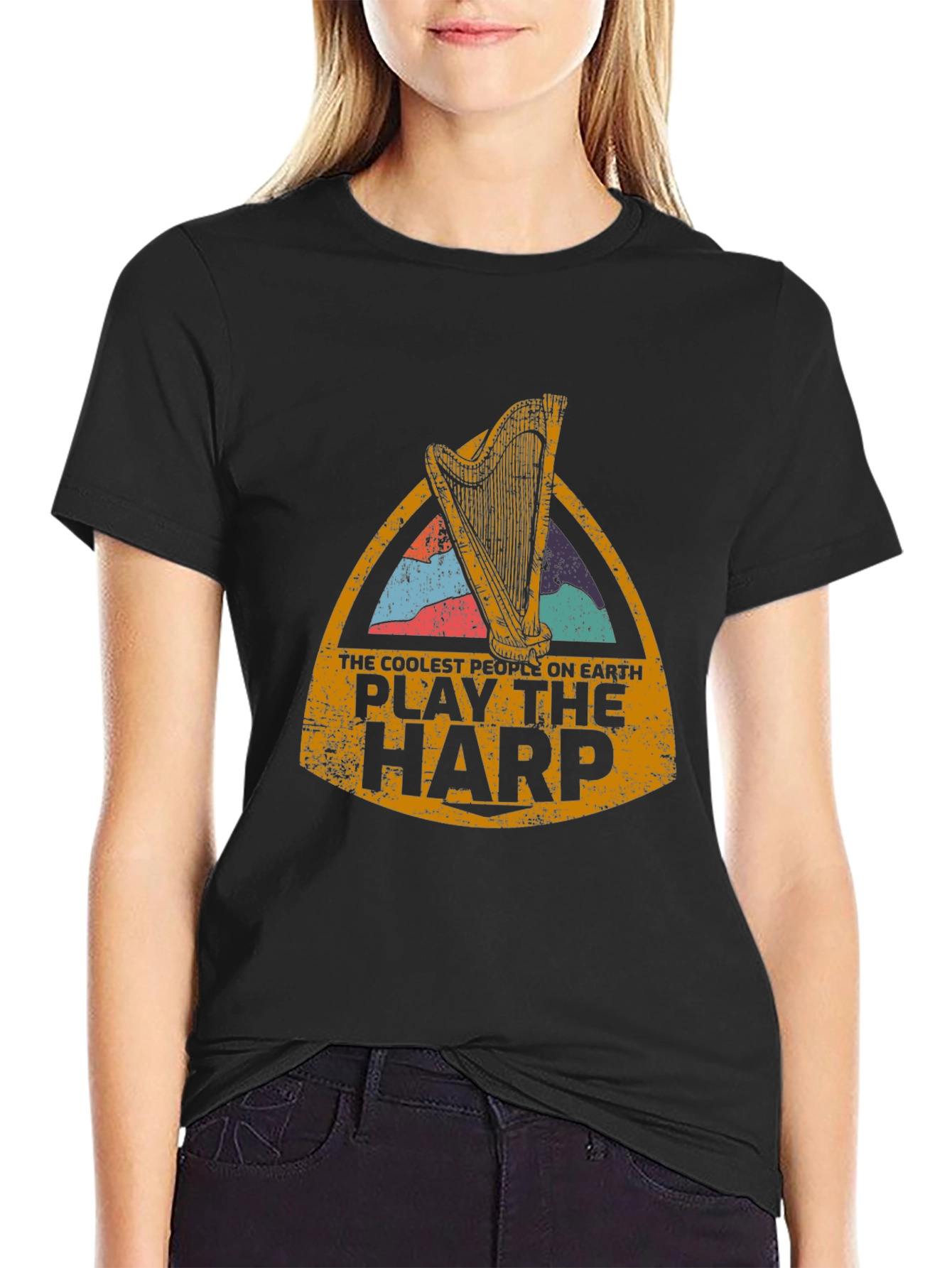 Black Coolest People Play Harp T-Shirt view 2