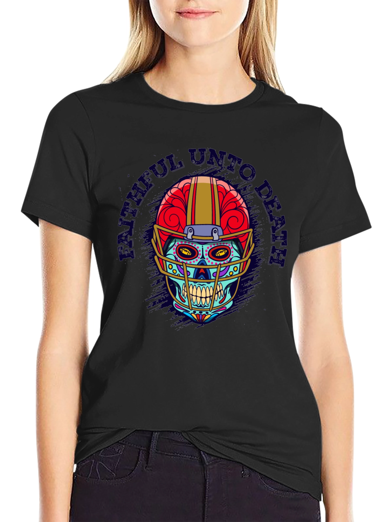 Black Faithful Unto Death Football Skull T-Shirt view 2