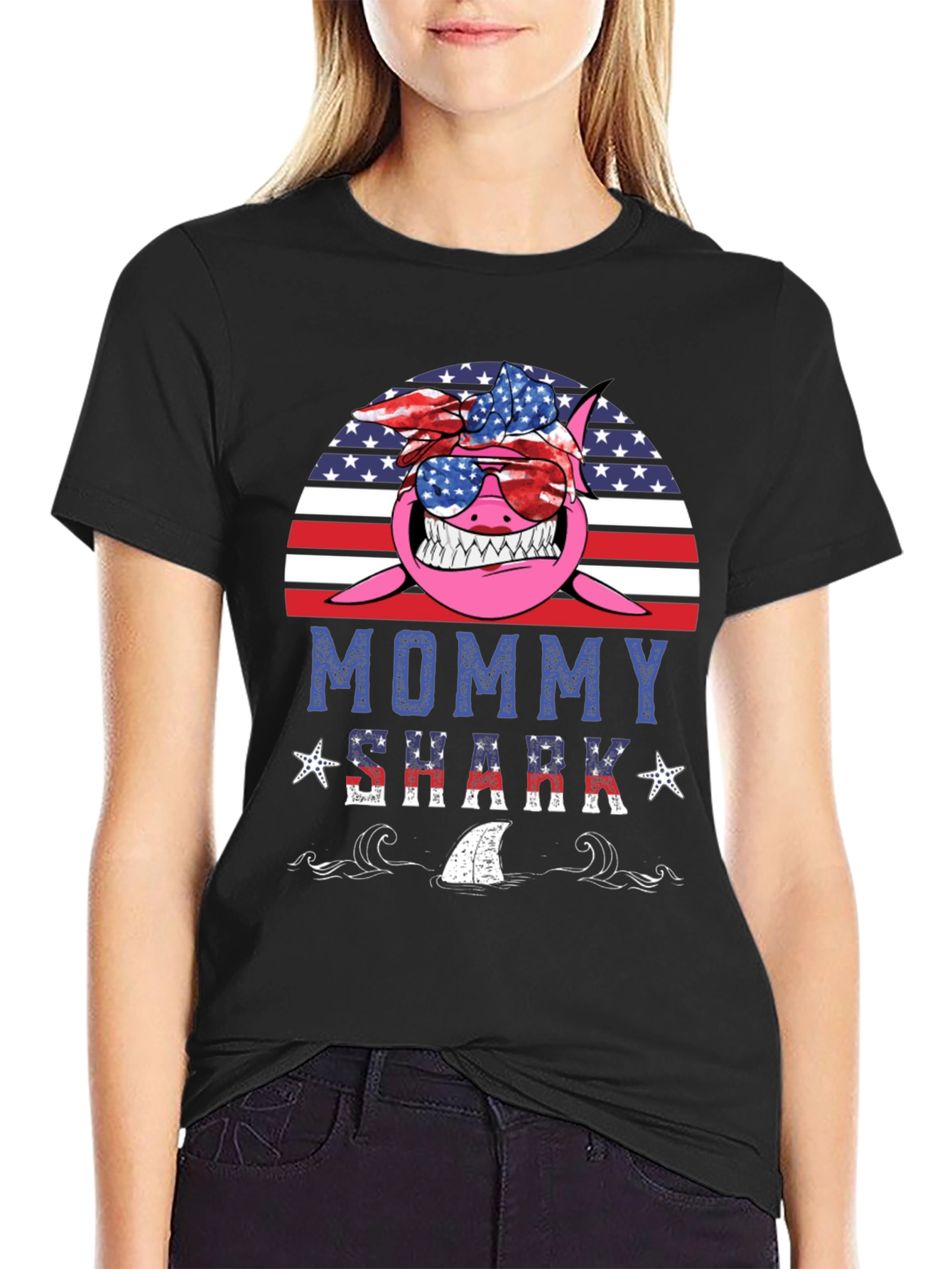 Black Mommy Shark USA Graphic Tee view 2