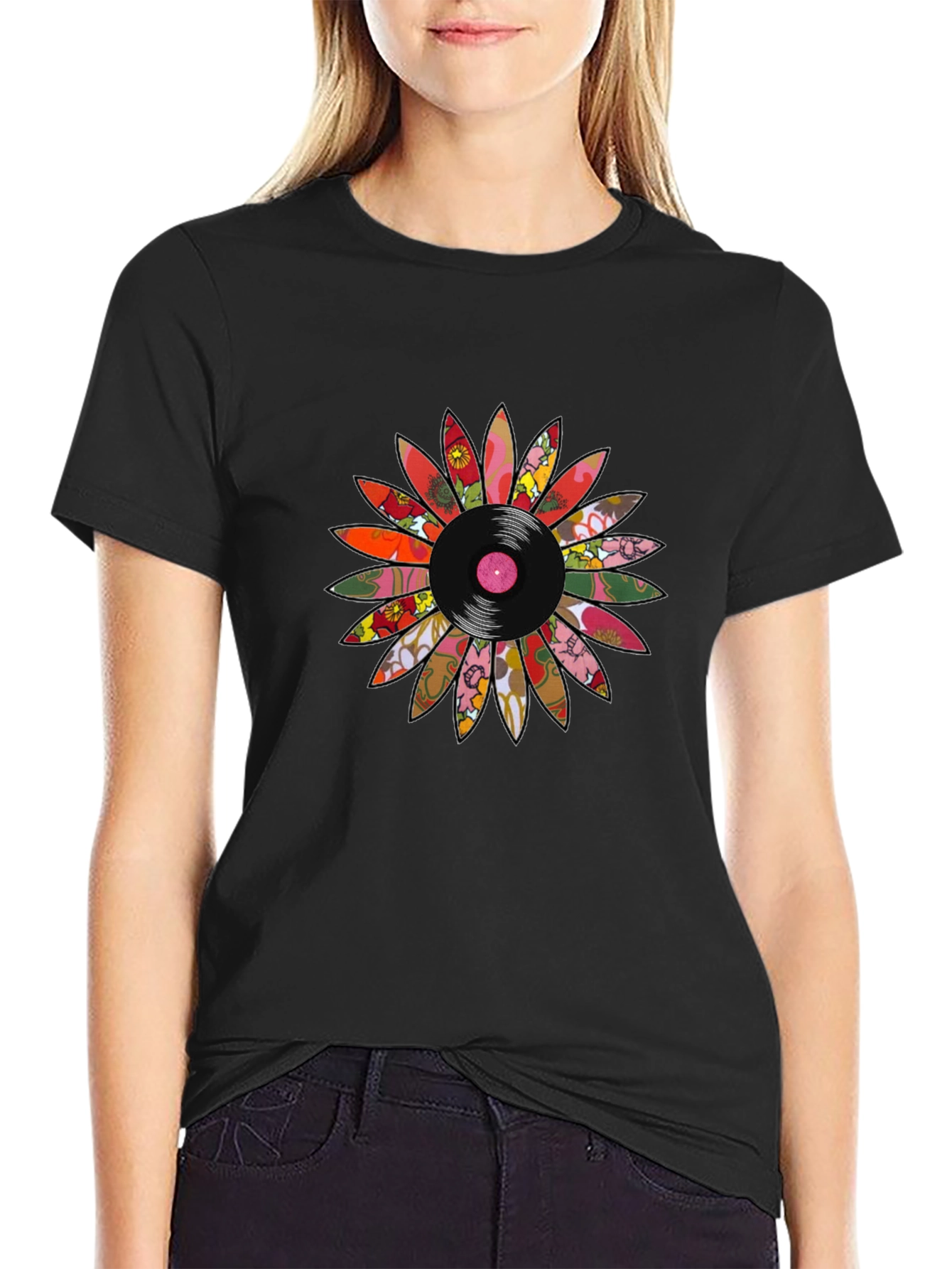 Black Retro Vinyl Flower Graphic Tee view 2
