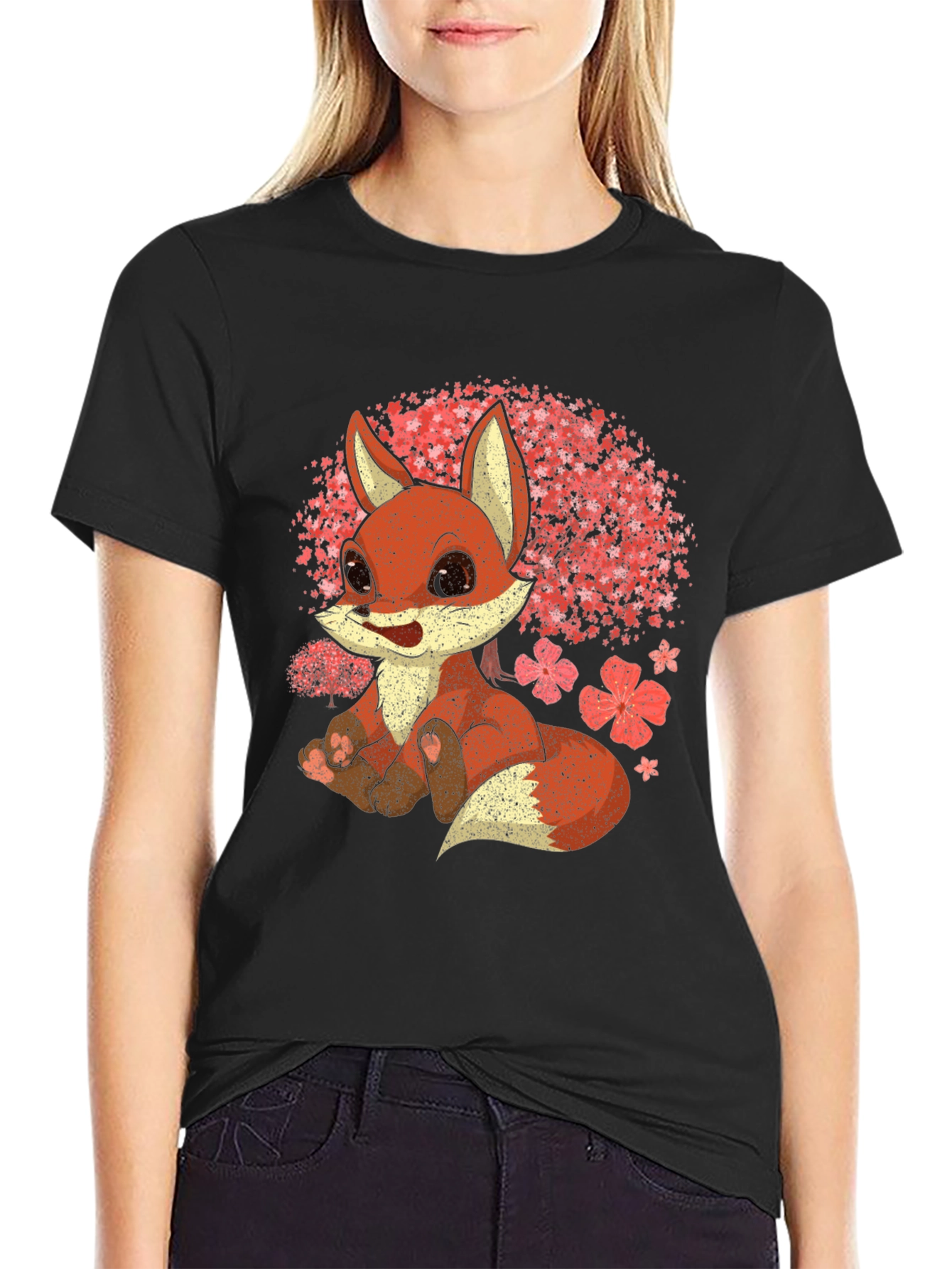 Black Cute Fox T-Shirt - Cherry Blossom Design view 2
