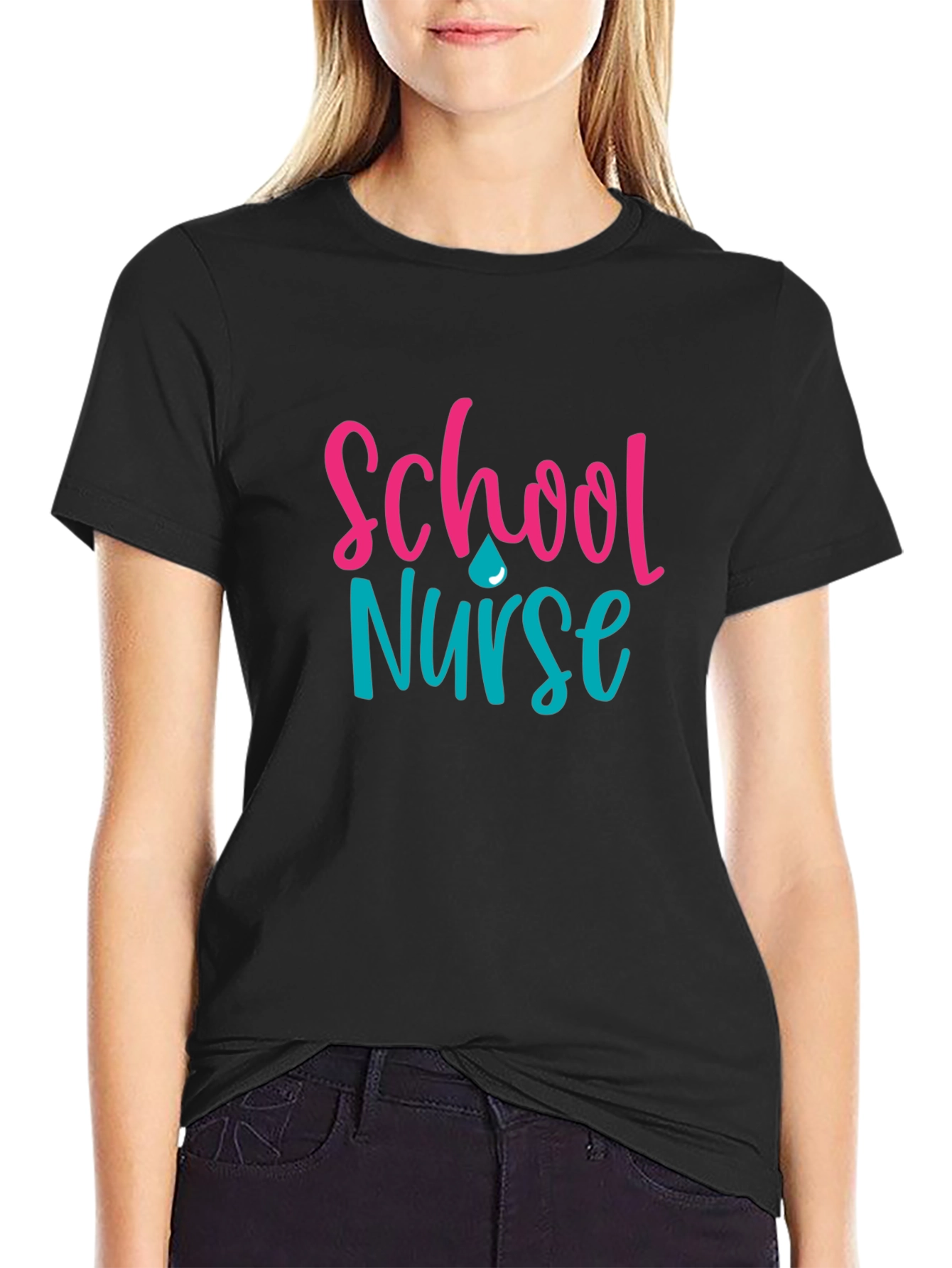 Black School Nurse T-Shirt, Pink & Teal Design view 2