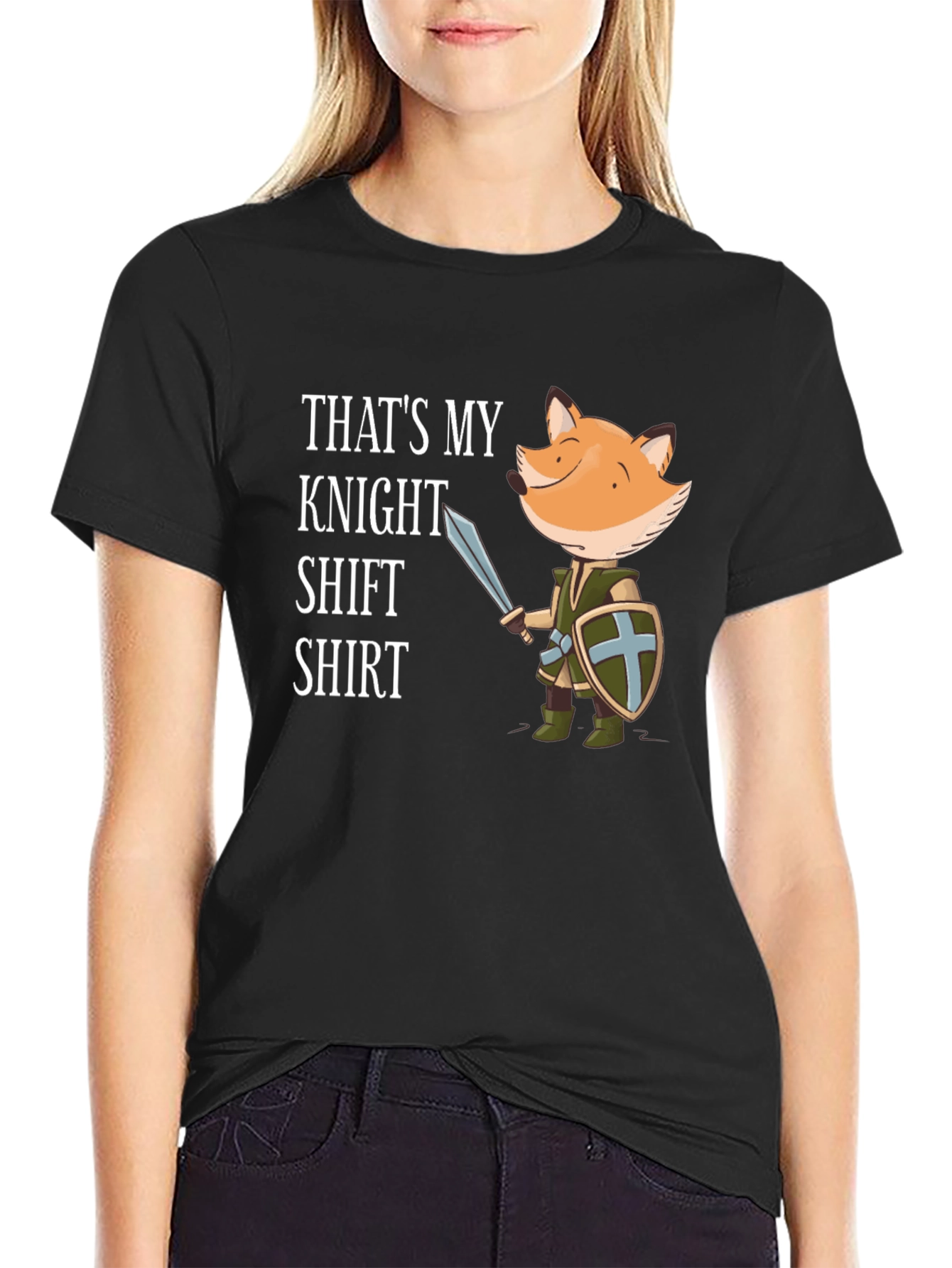 Black Funny Fox Knight T-Shirt - "That's My Knight Shift Shirt" view 2