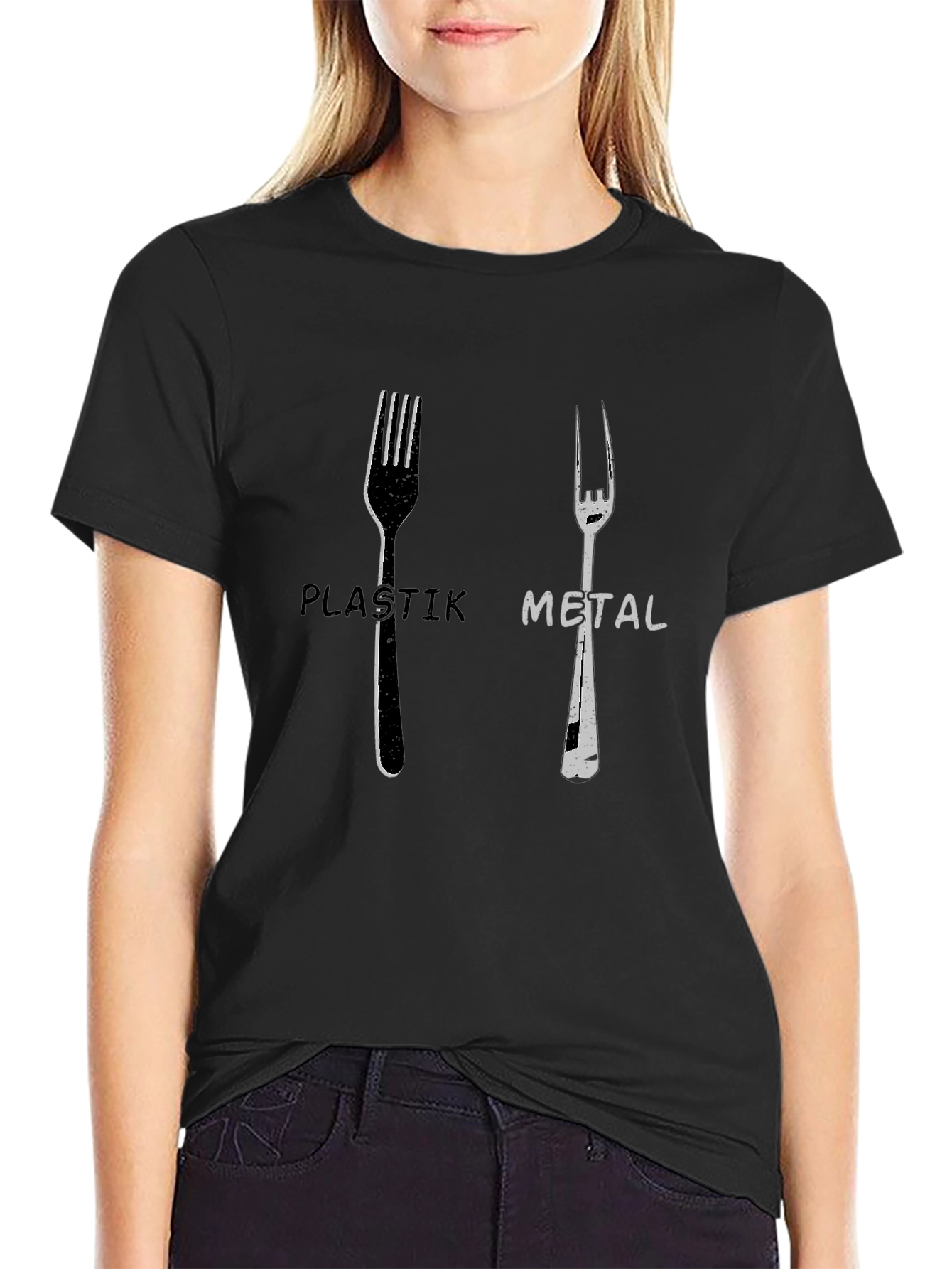 Black Plastik Metal Forks Graphic Tee - Quirky Design view 2