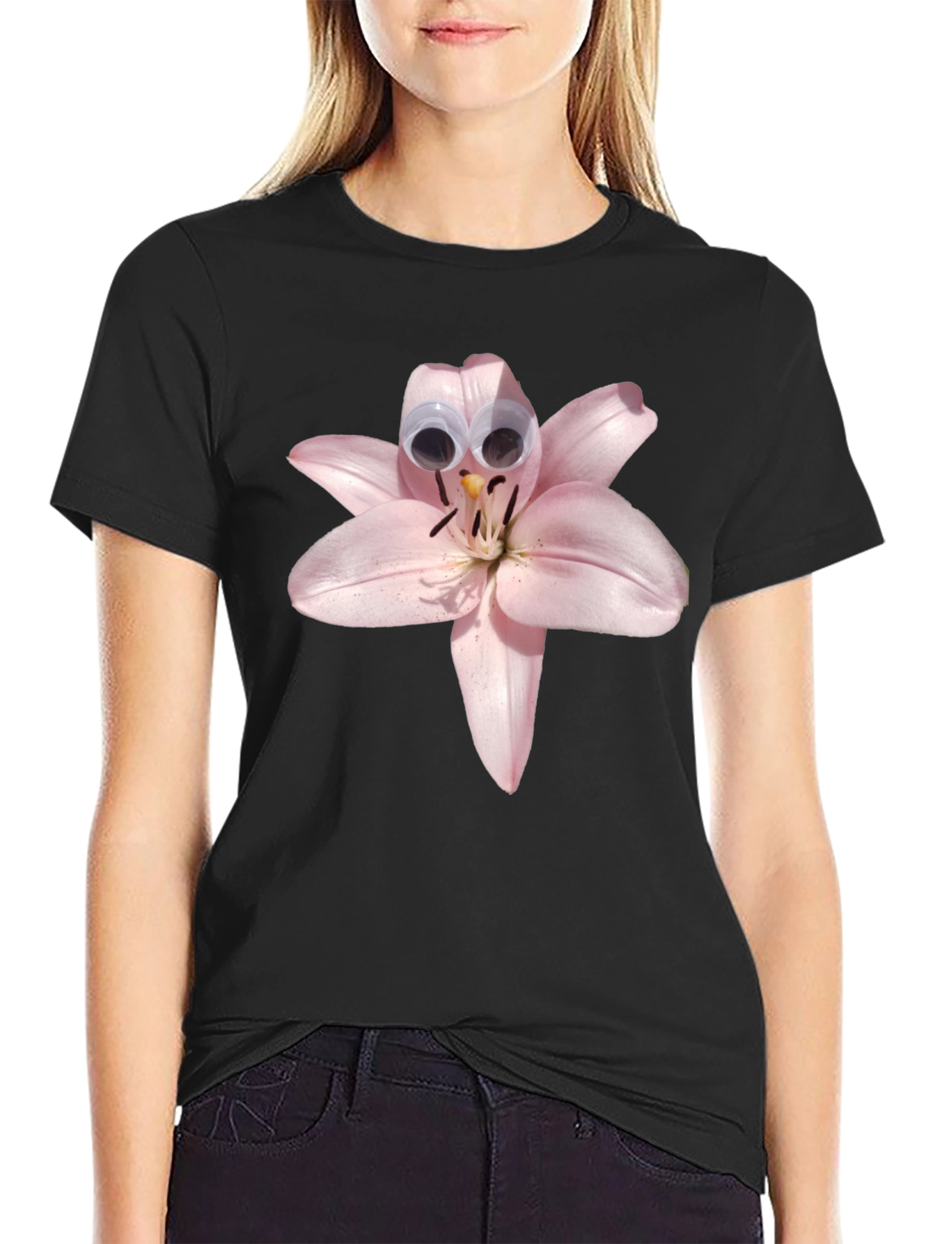 Black Floral Humor Tee: Lily with Googly Eyes view 2