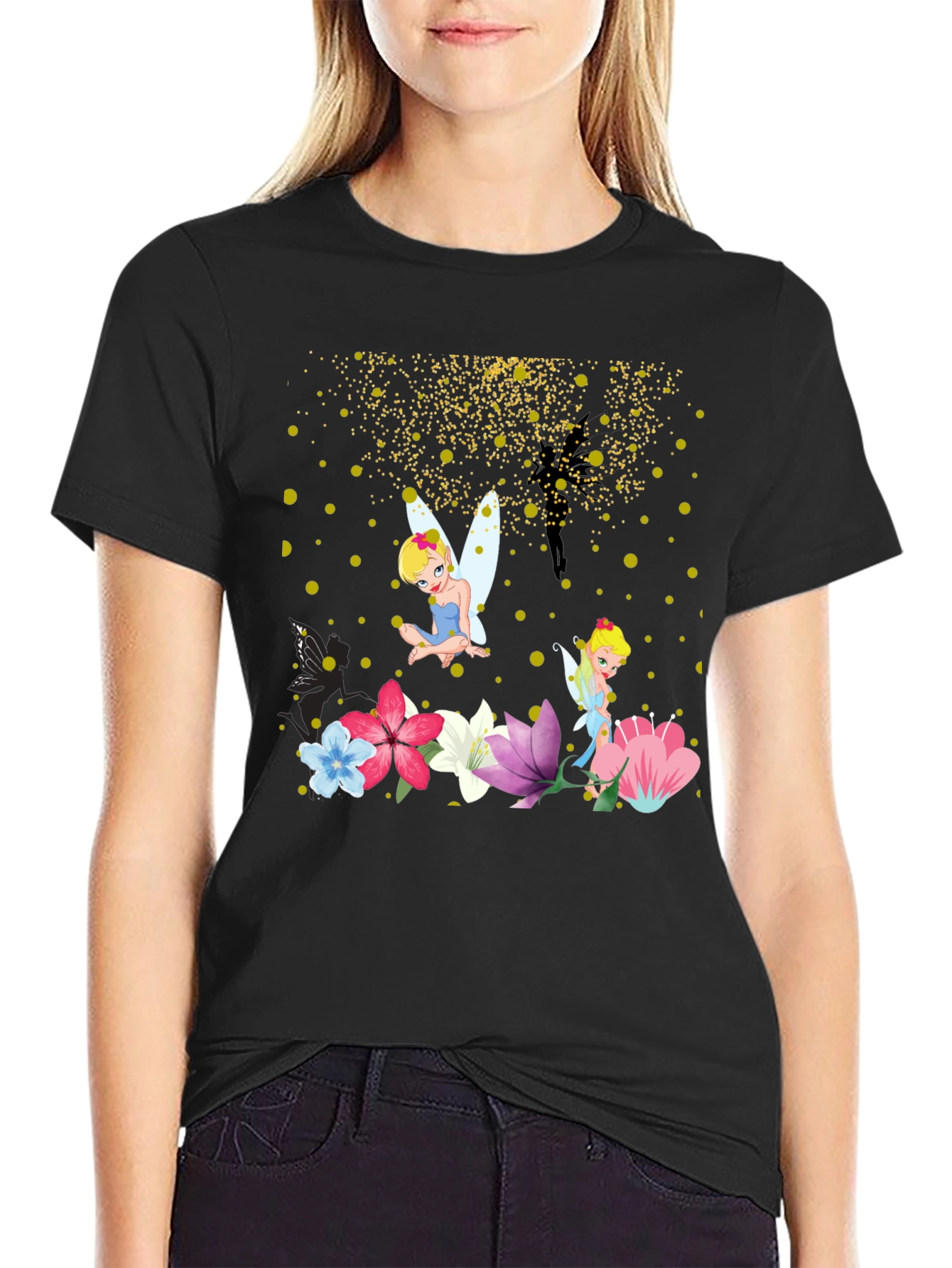 Black Whimsical Fairy Graphic Tee - Black Cotton Blend view 2
