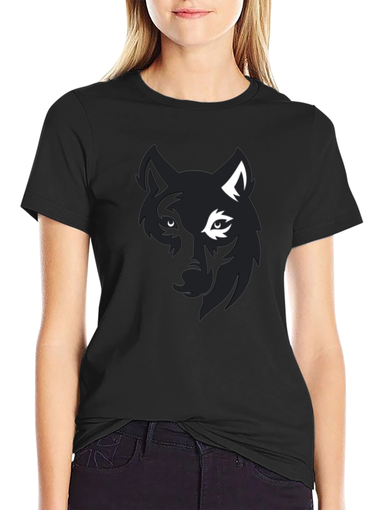 Black Wolf Graphic Print Black T-Shirt for Men view 2