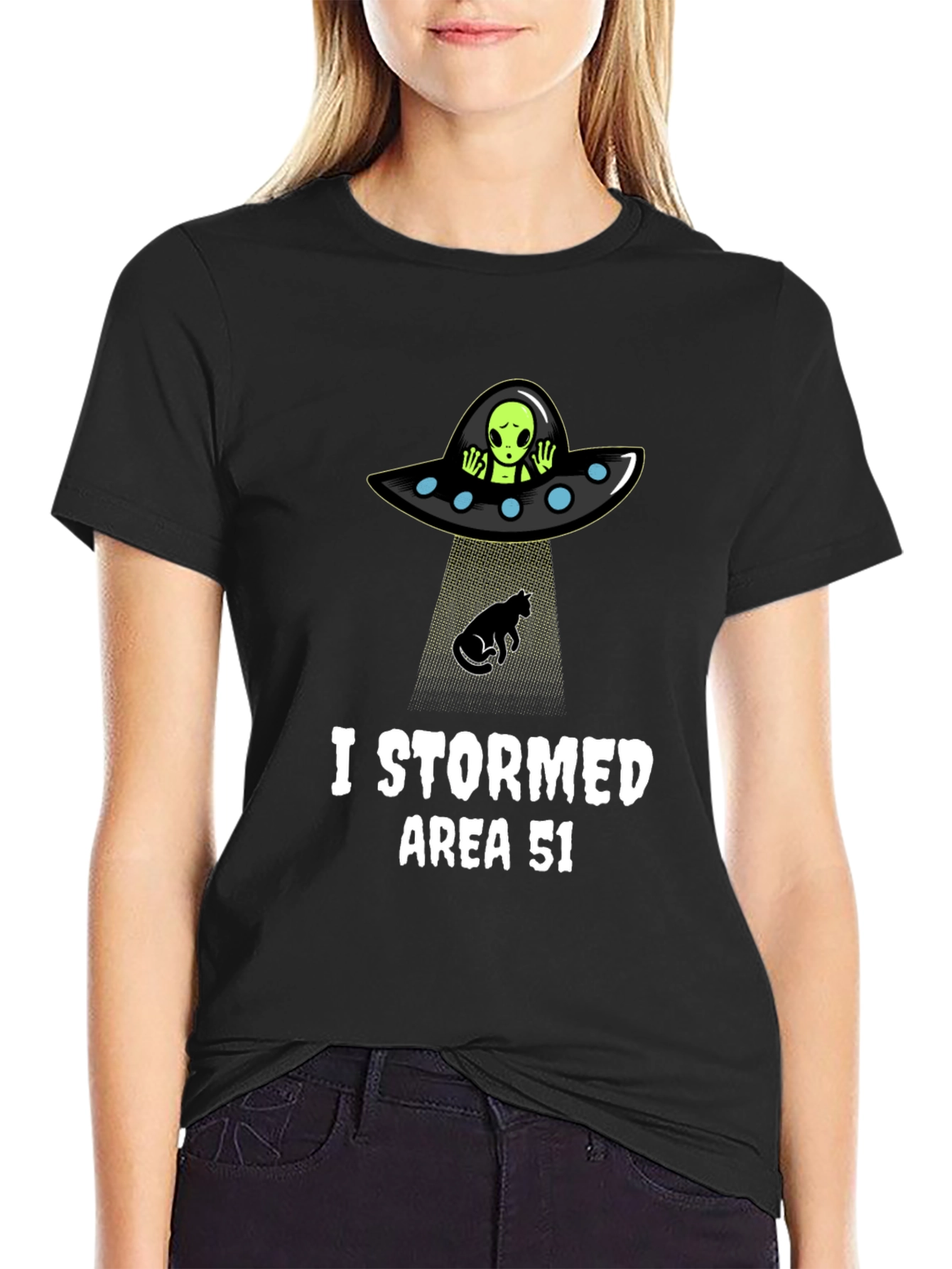 Black I Stormed Area 51 T-Shirt Alien Abduction UFO Cat Humor view 2