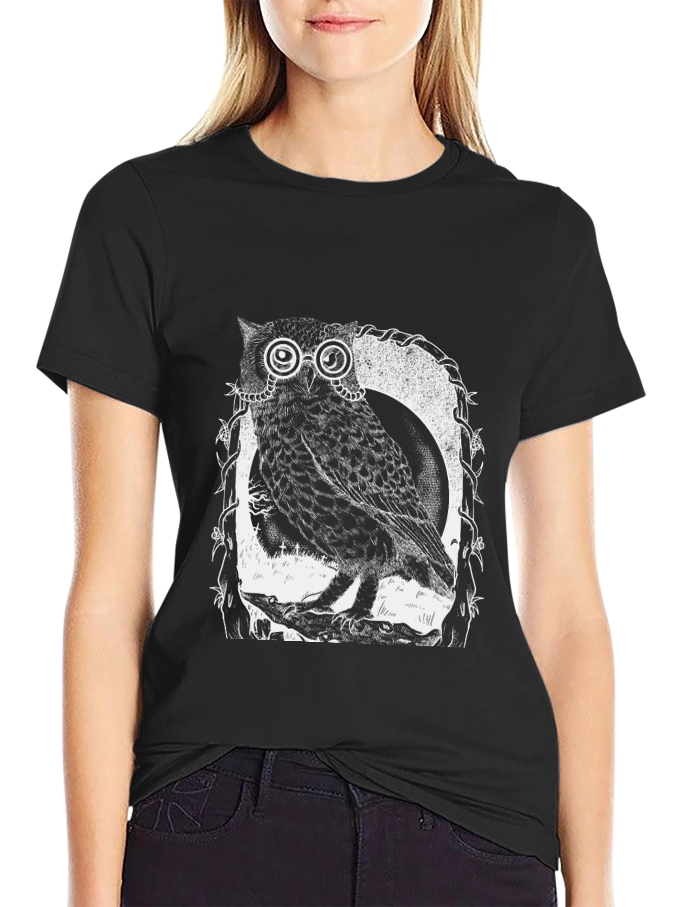 Black Owl With Glasses Graphic Tee - Black view 2