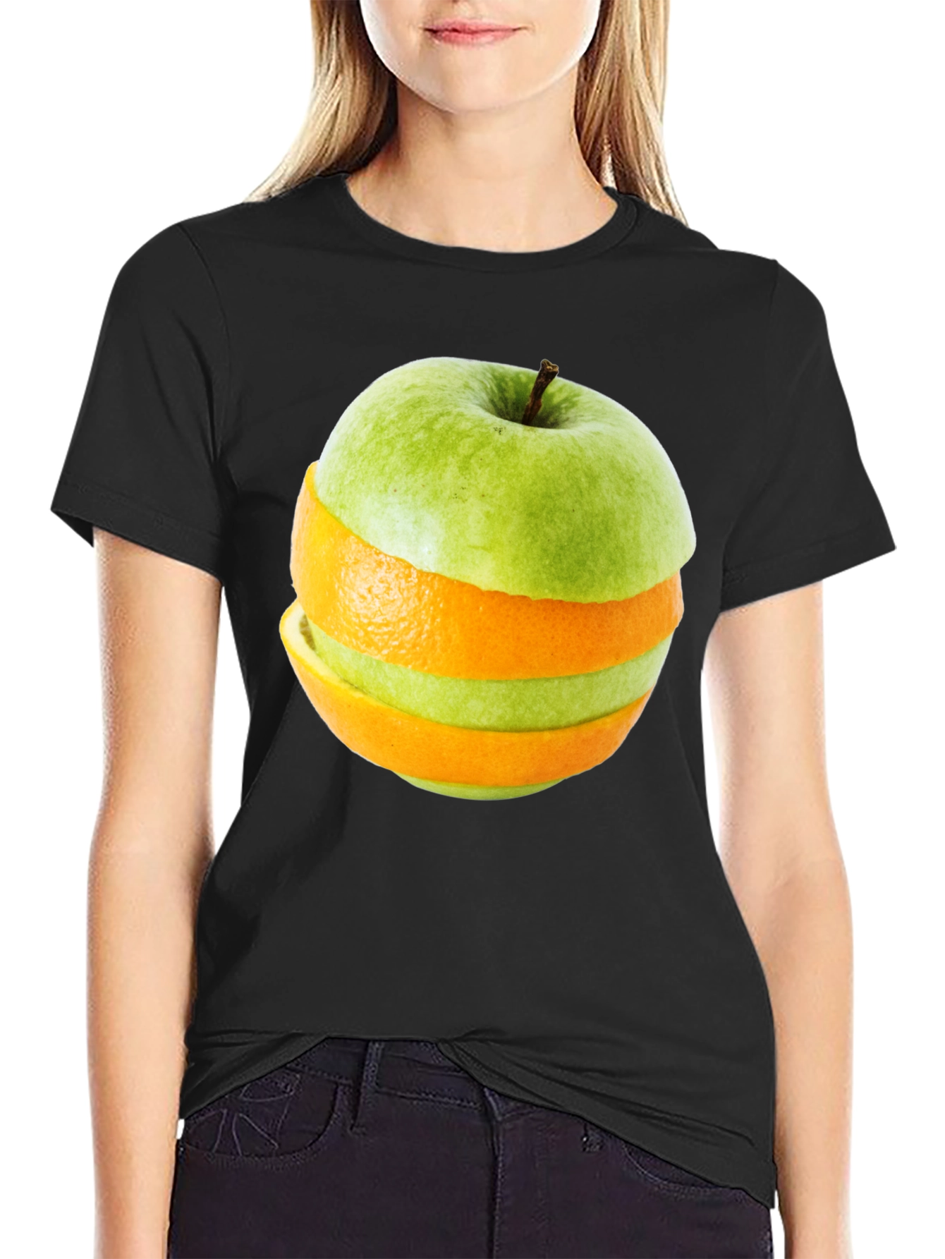 Black Fruity Fusion Tee - Apple Orange Slice Graphic T-Shirt view 2