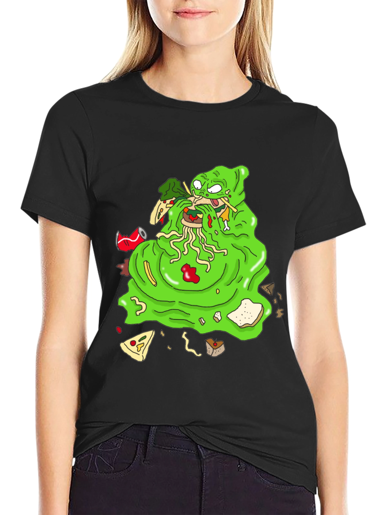Black Green Blob Monster Eating Graphic T-Shirt view 2