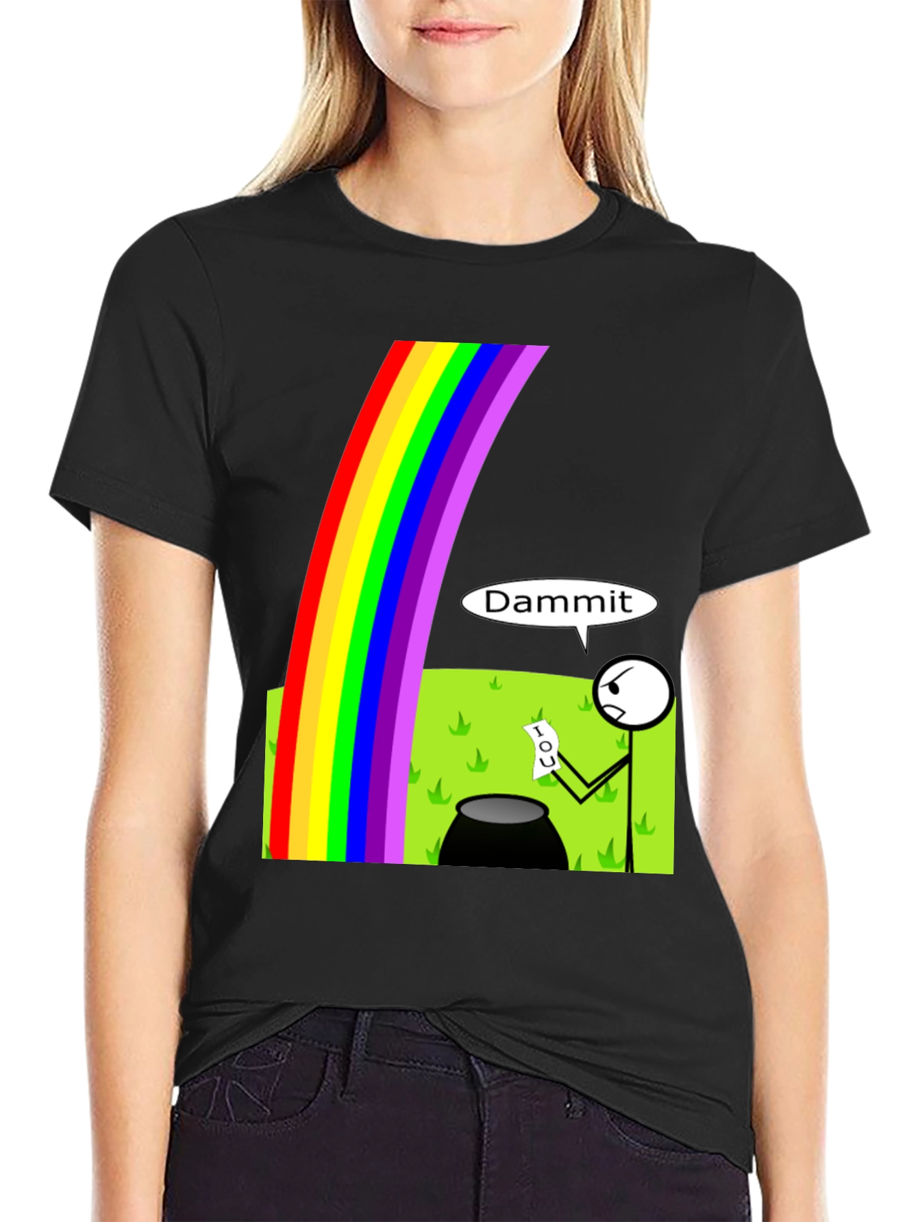 Black Humorous Rainbow Leprechaun IOU Graphic T-Shirt view 2