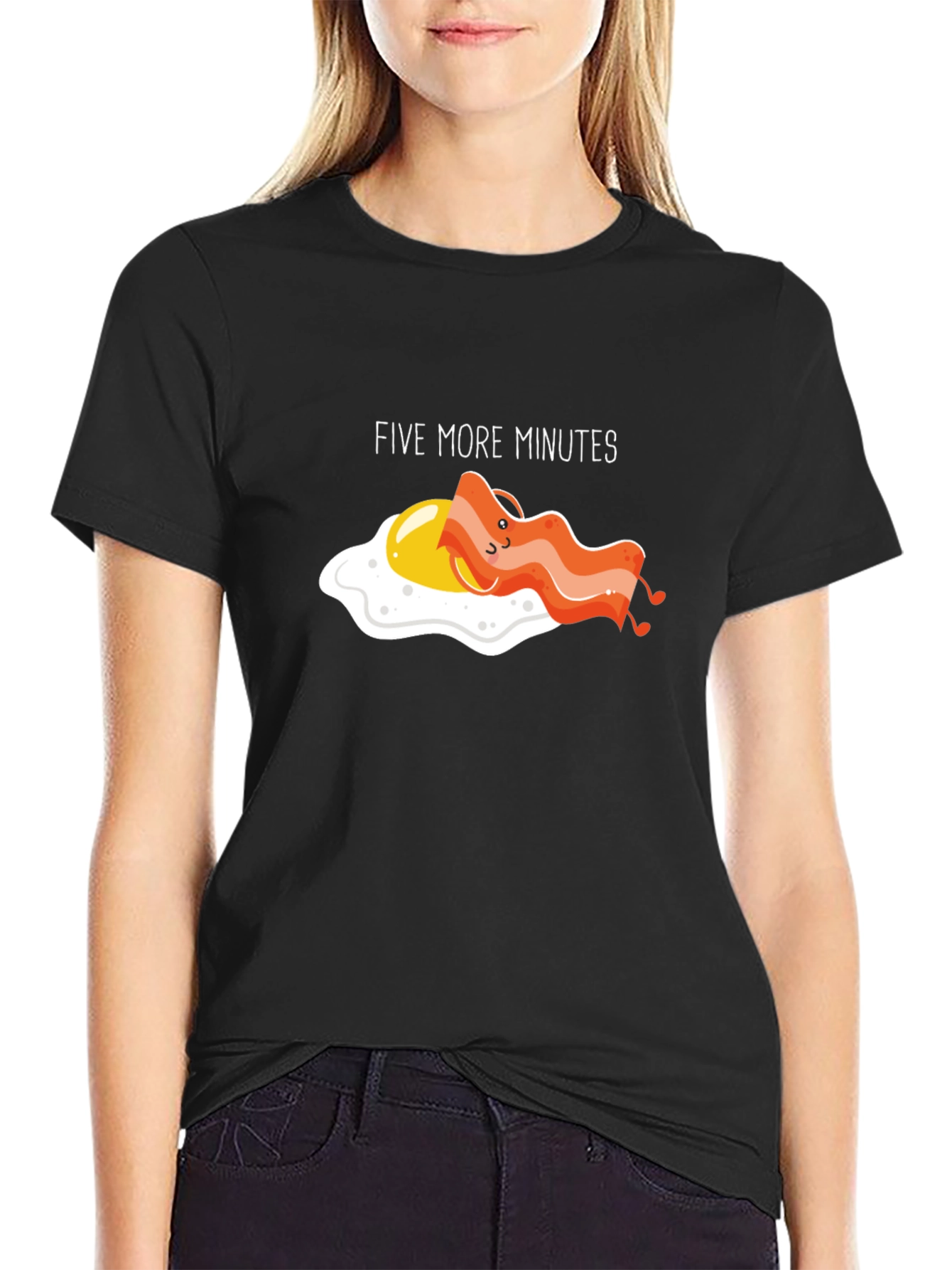 Black Funny "Five More Minutes" Breakfast T-Shirt view 2