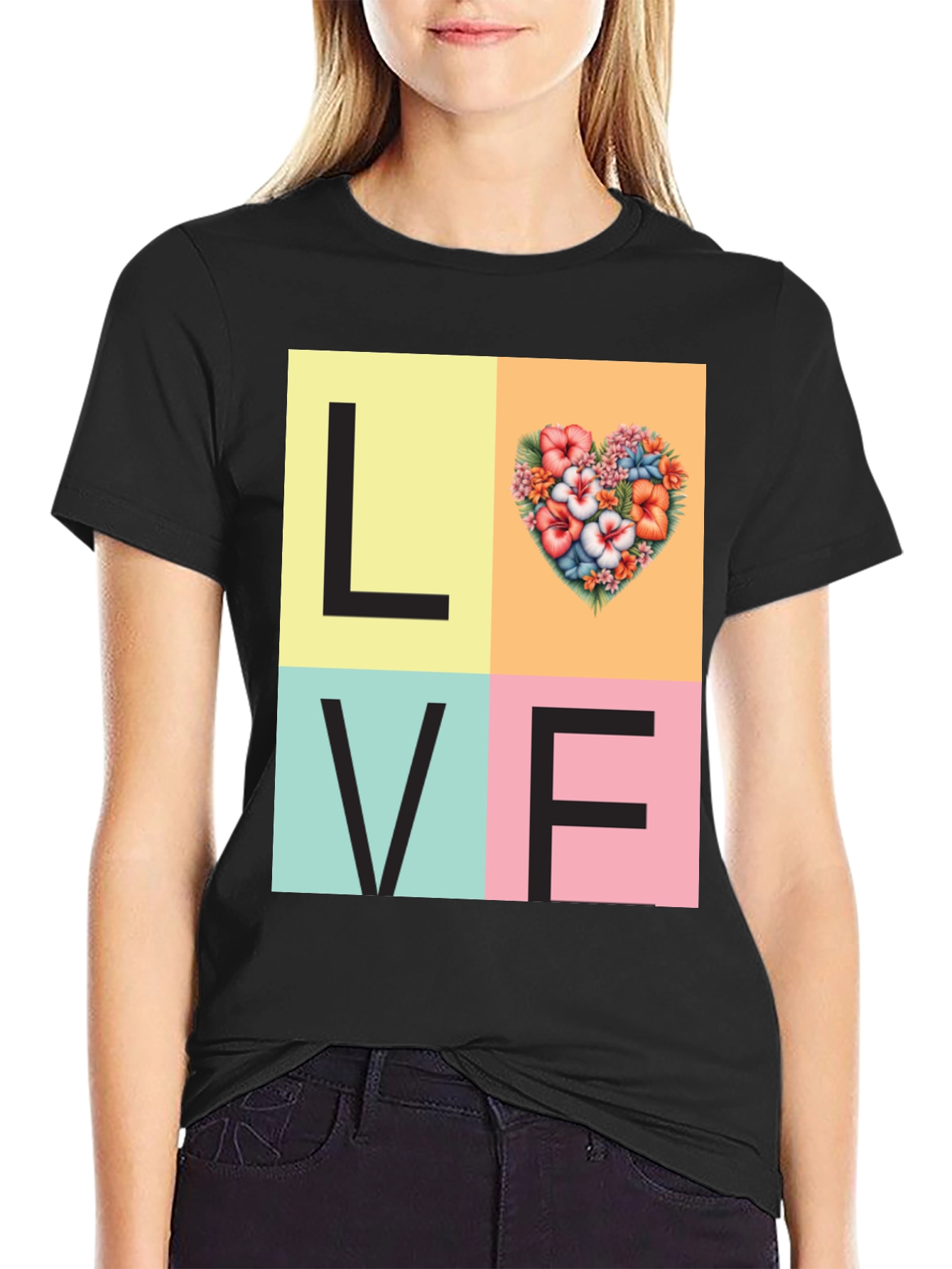 Black Floral Heart LOVE Graphic Tee - Unisex Casual T-Shirt view 2