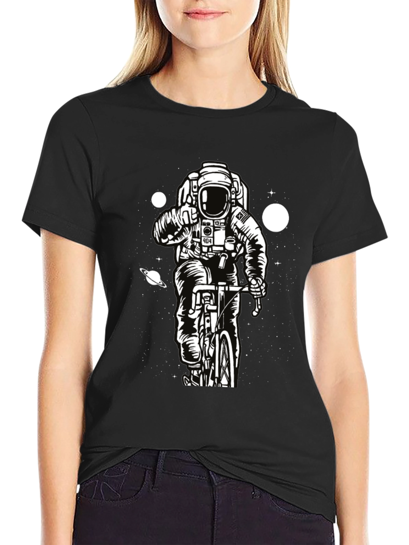Black Astronaut on Bike Graphic T-Shirt - Space Adventure Tee view 2