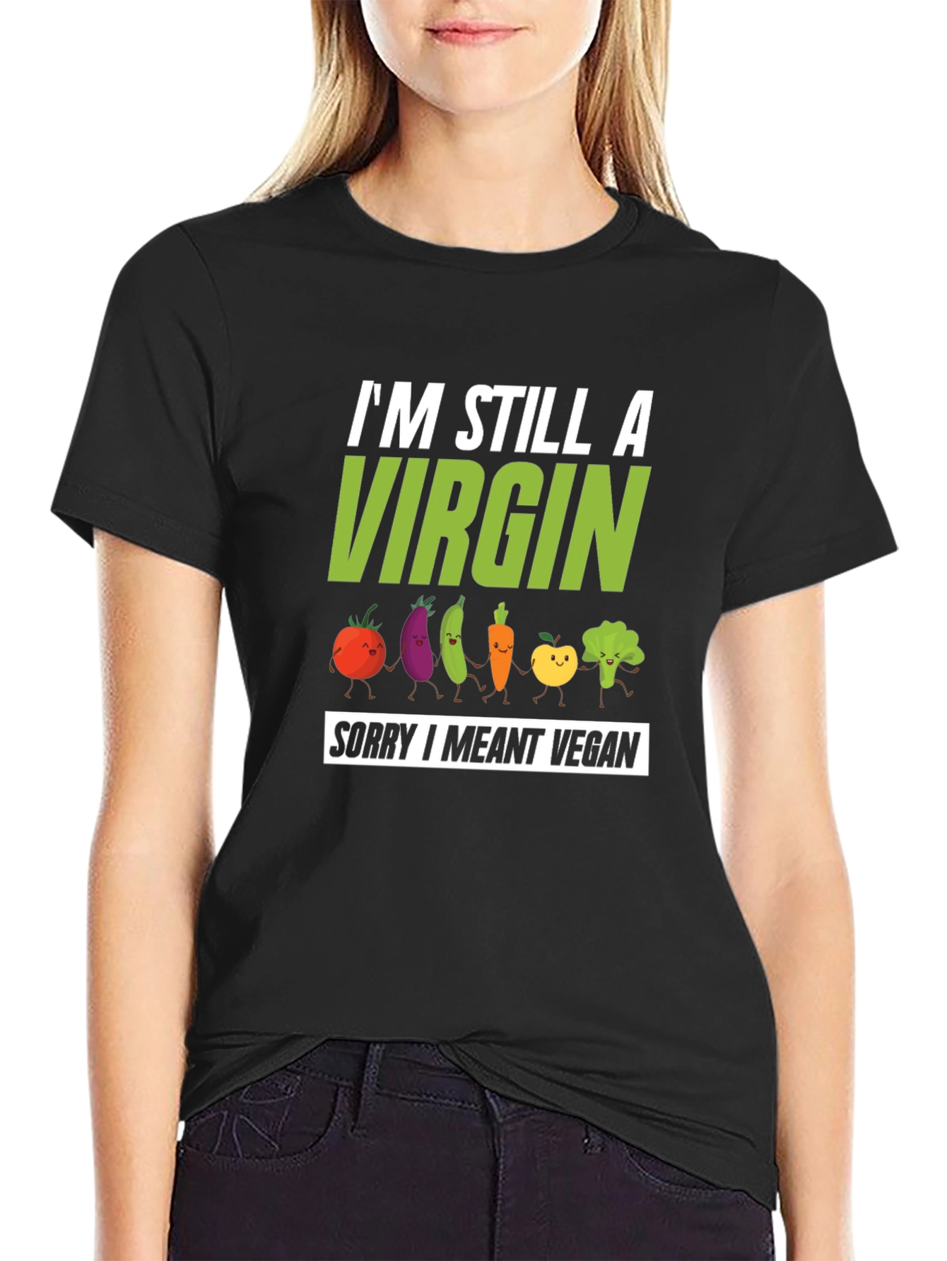 Black Vegan Pun T-Shirt - I'm Still A Virgin Sorry I Meant Vegan view 2