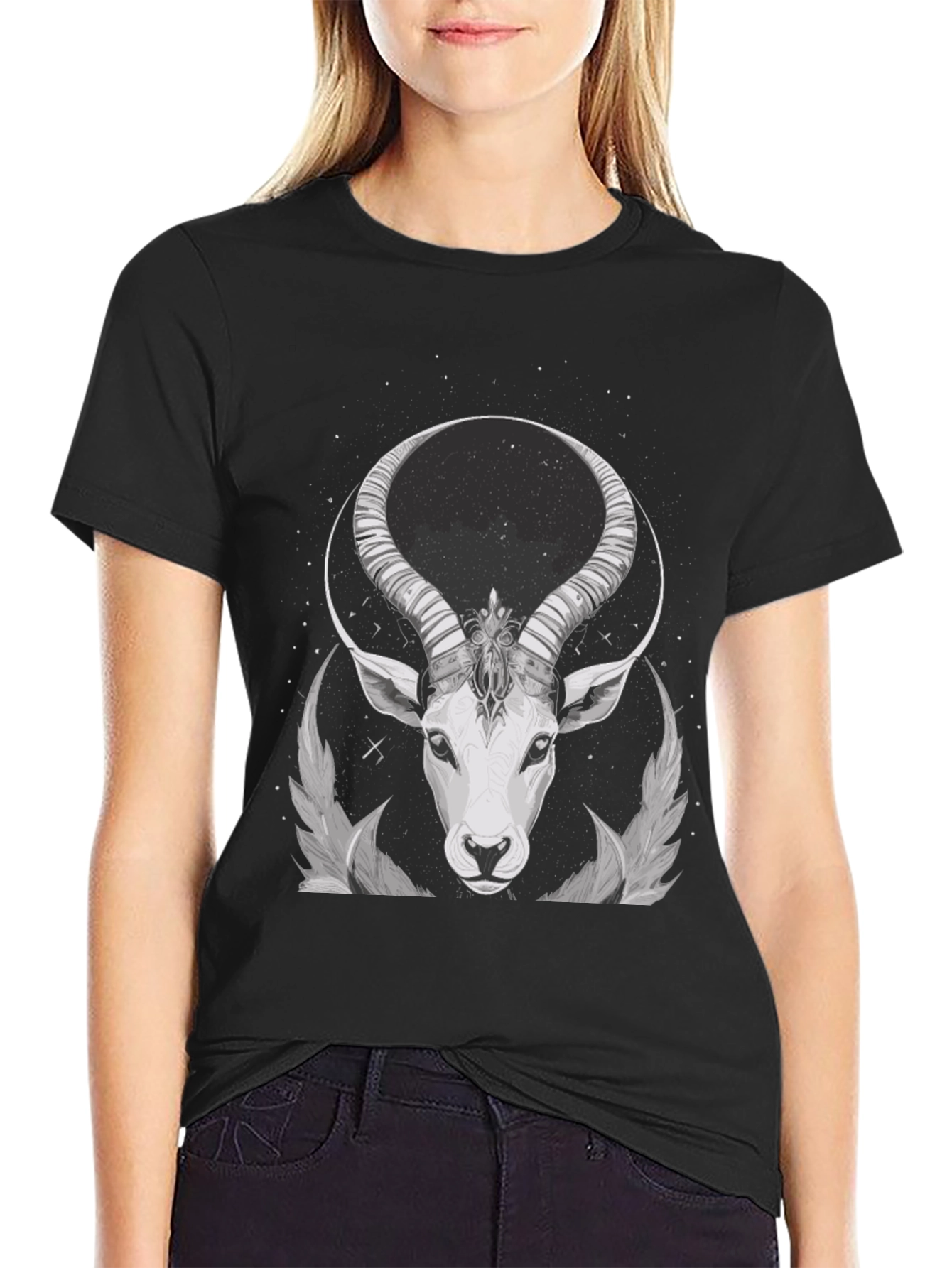 Black Cosmic Antelope Graphic Tee - Black Cotton Blend view 2