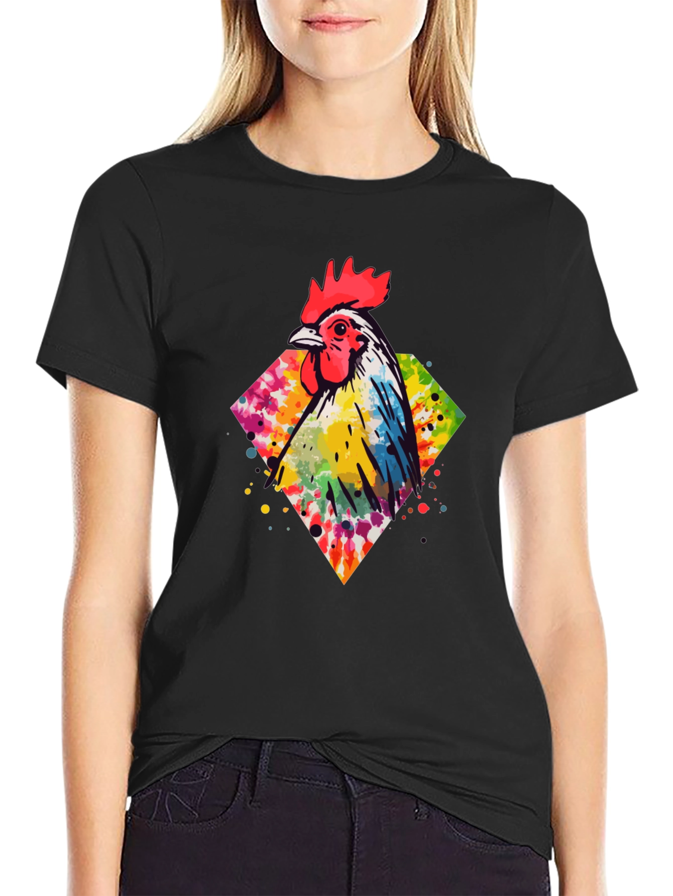 Black Watercolor Rooster Graphic Tee - Men's Black T-Shirt view 2