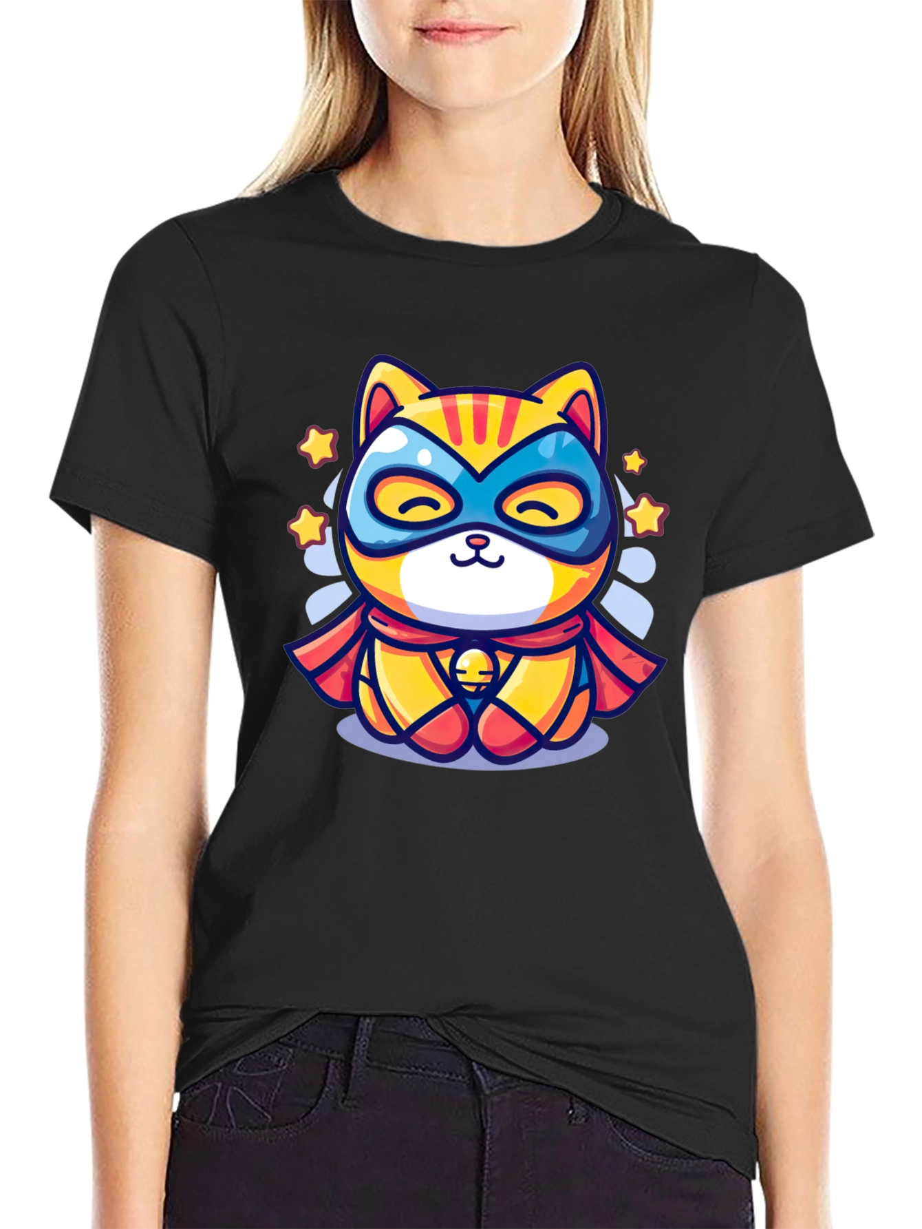 Black Superhero Cat Graphic T-Shirt - Cool Design view 2