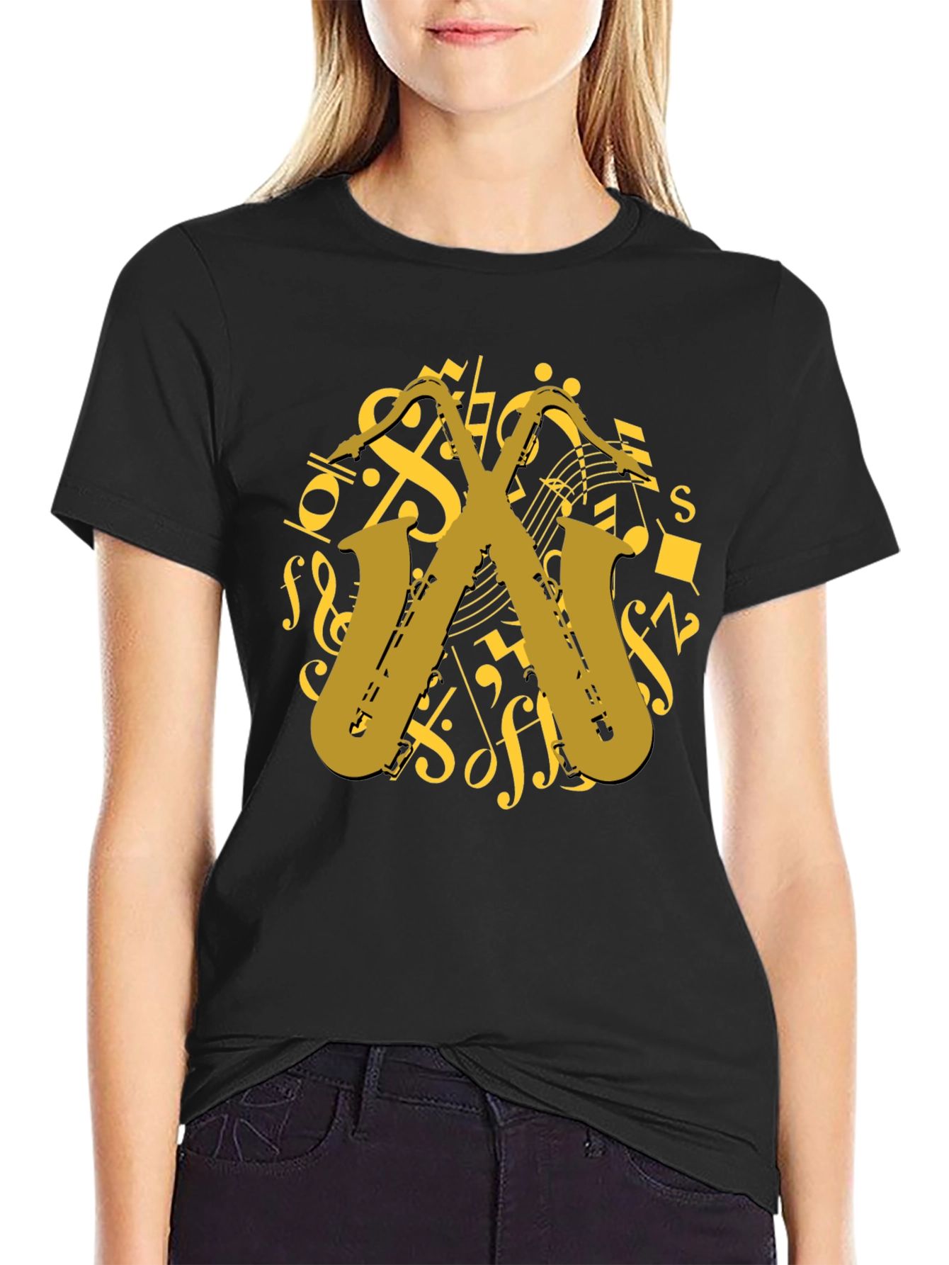 Black Saxophone Music T-Shirt - Musician Gift view 2
