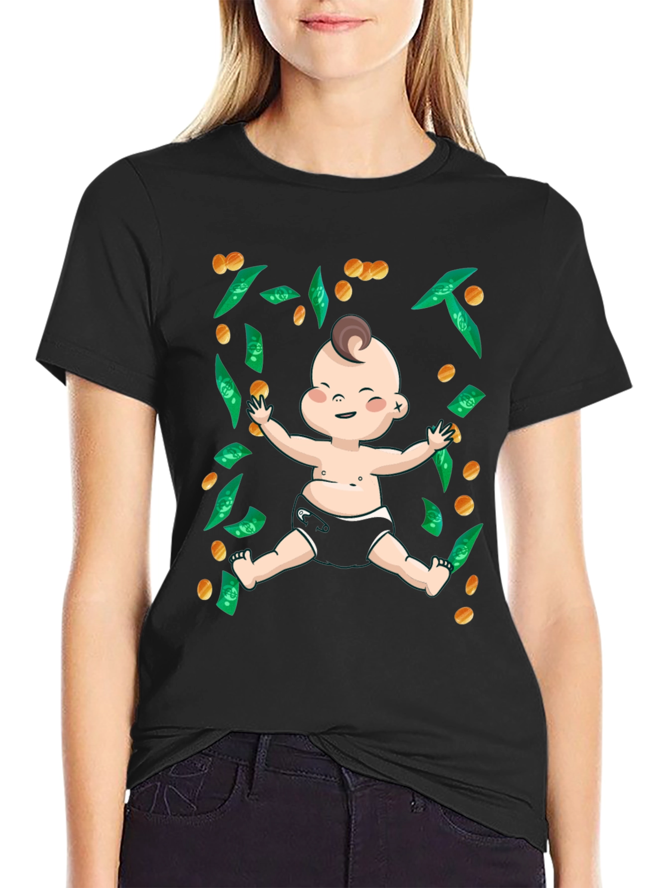 Black Funny Baby Money T-Shirt - Black, Unisex view 2