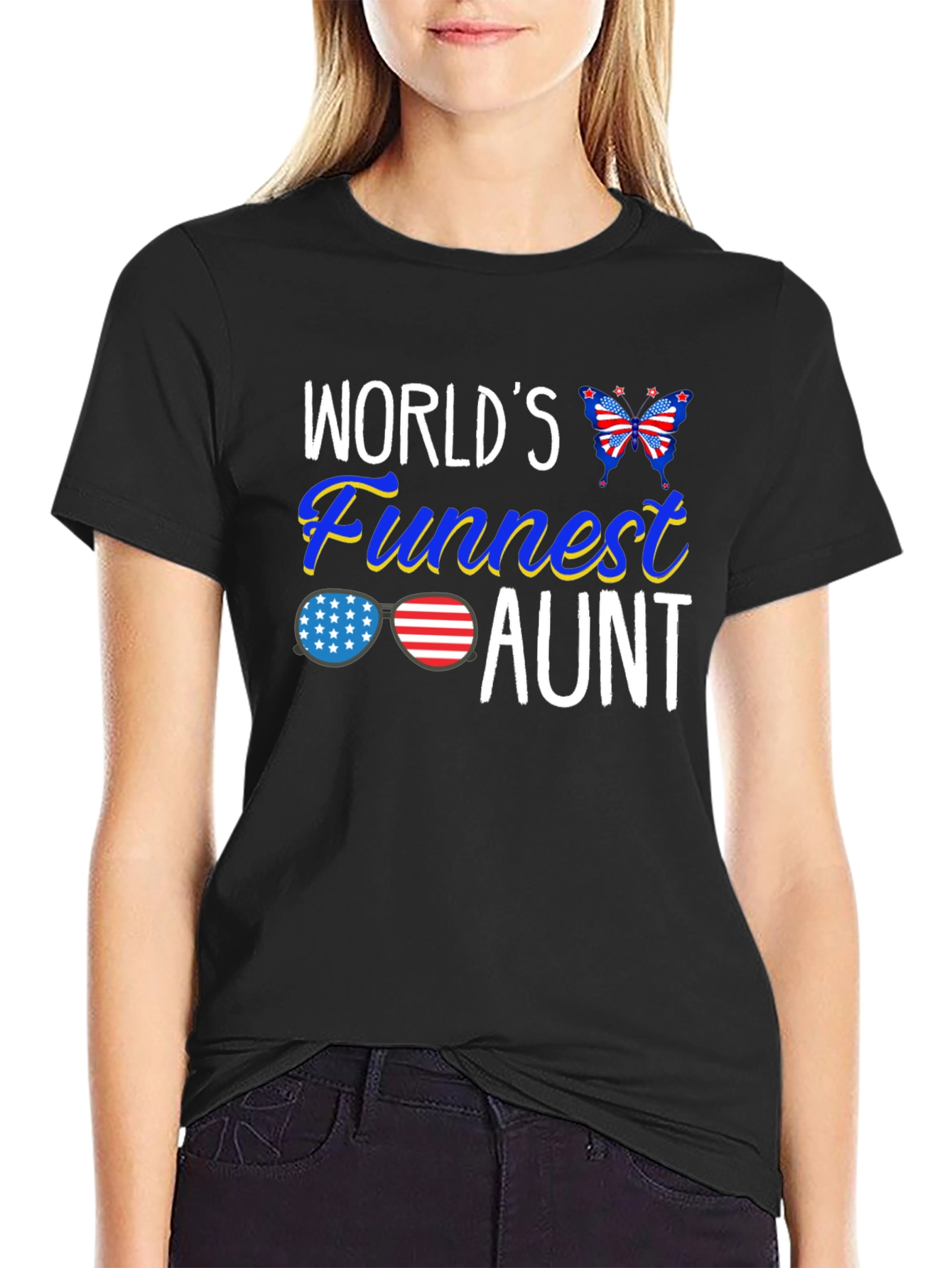 Black World's Funnest Aunt Patriotic T-Shirt view 2