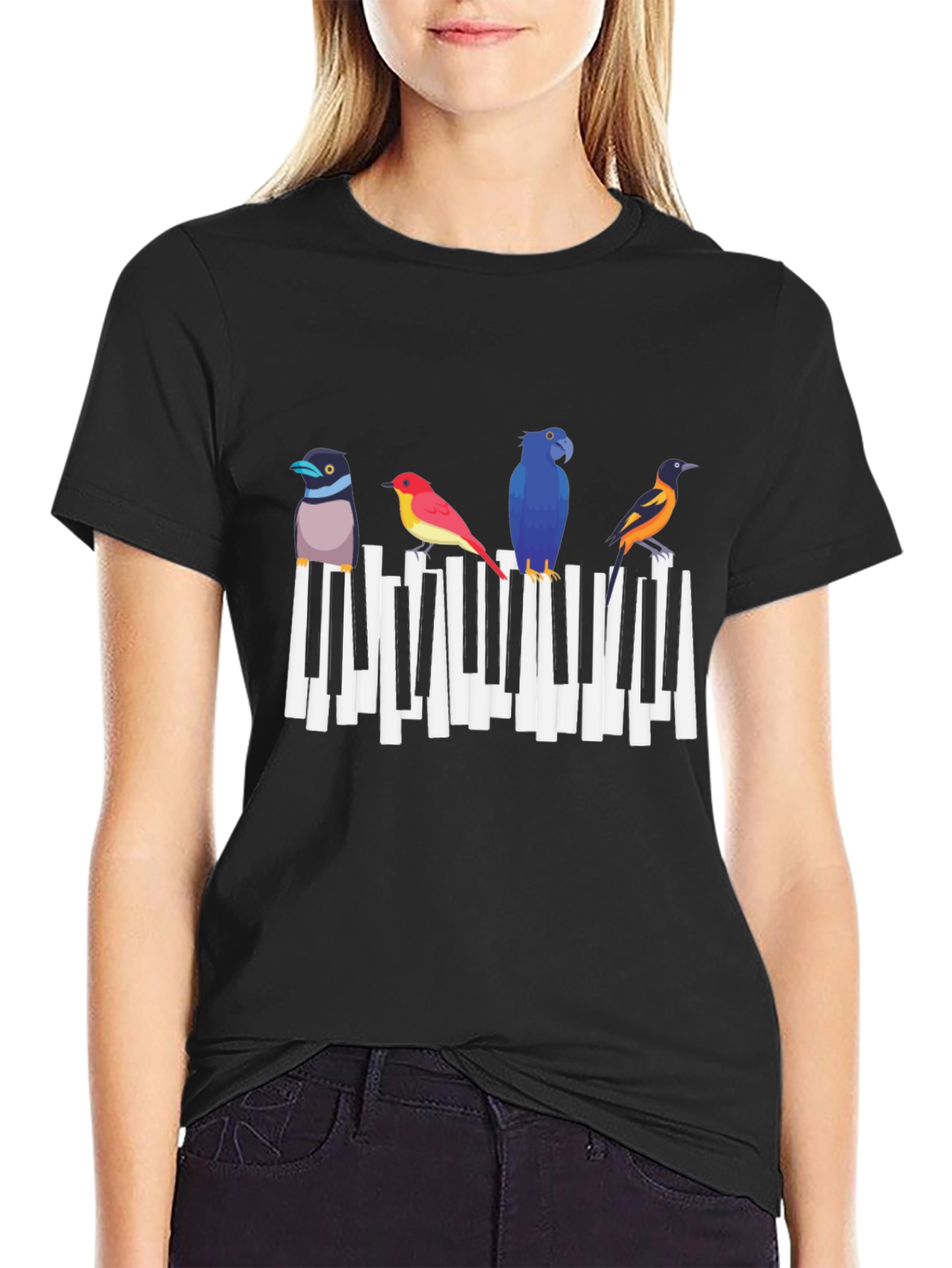 Black Musical Birds Graphic Tee - Black Cotton T-Shirt view 2