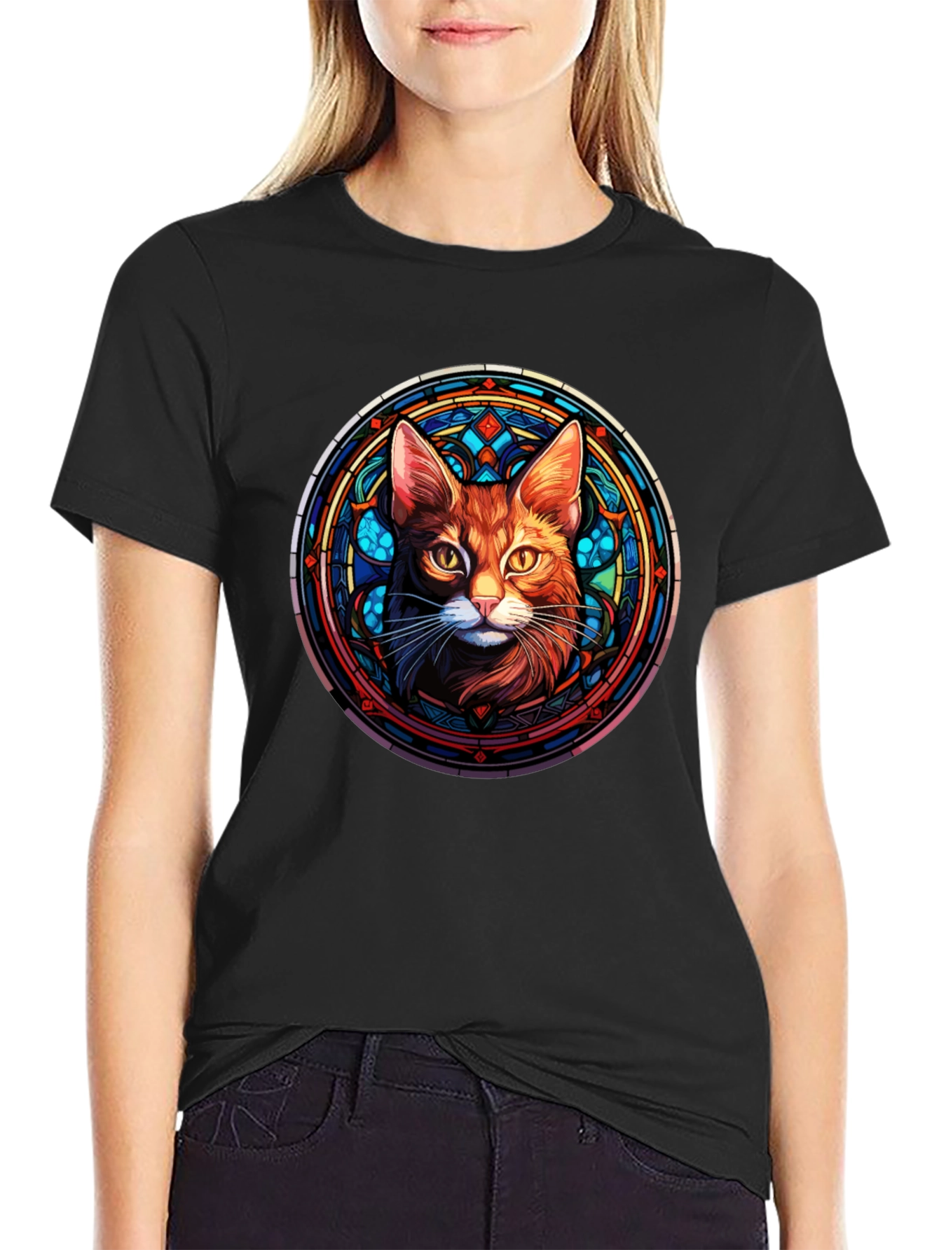 Black Stained Glass Cat Graphic Tee - Unique Design view 2